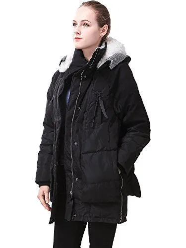 Miya Women's Thickened Hooded Down Jacket Long Sections with Fur Collar, Black, Medium