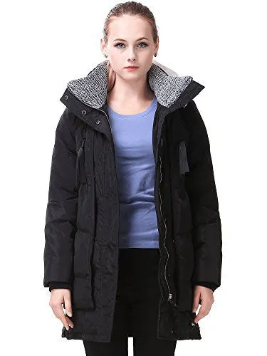 Miya Women's Thickened Hooded Down Jacket Long Sections with Fur Collar, Black, Medium