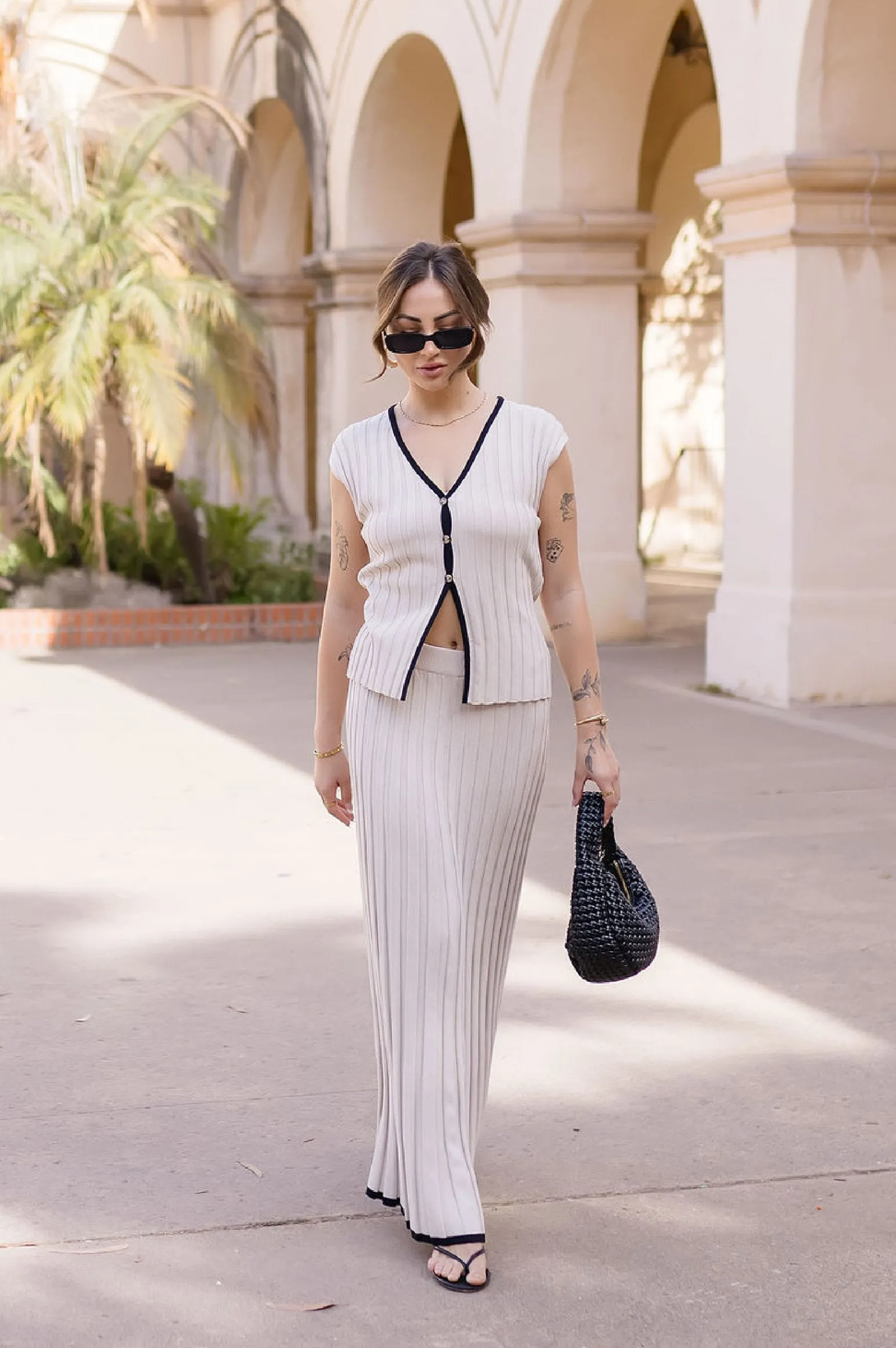 Monroe Short Sleeve Button Down Ribbed Contrast Top And Maxi Skirt Black