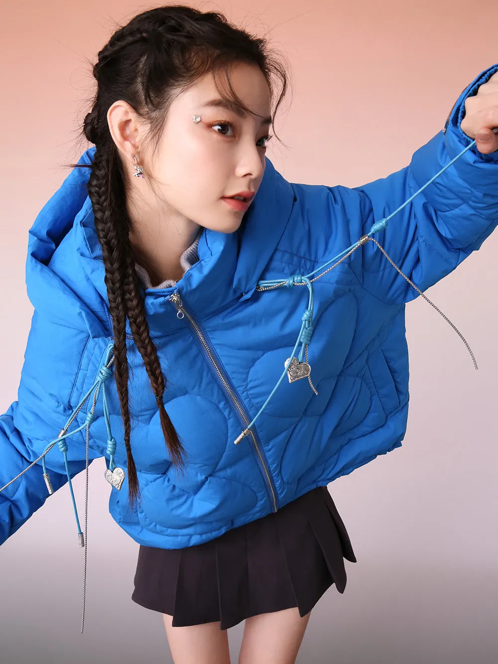 MUKZIN Blue Mid-length Down Jacket With Hand-Woven Hat Rope