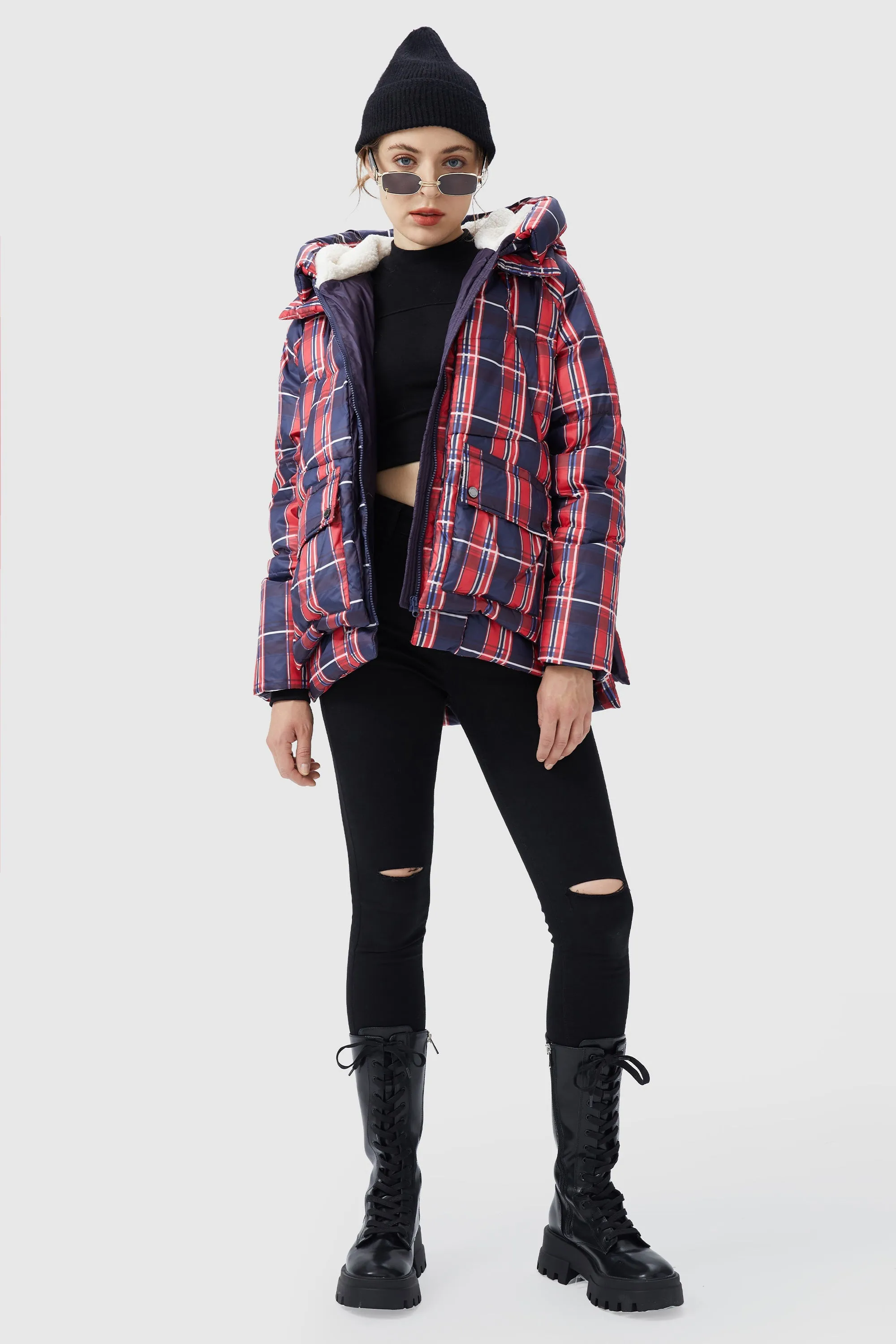 Multi-Pockets Plaid Puffer Jacket