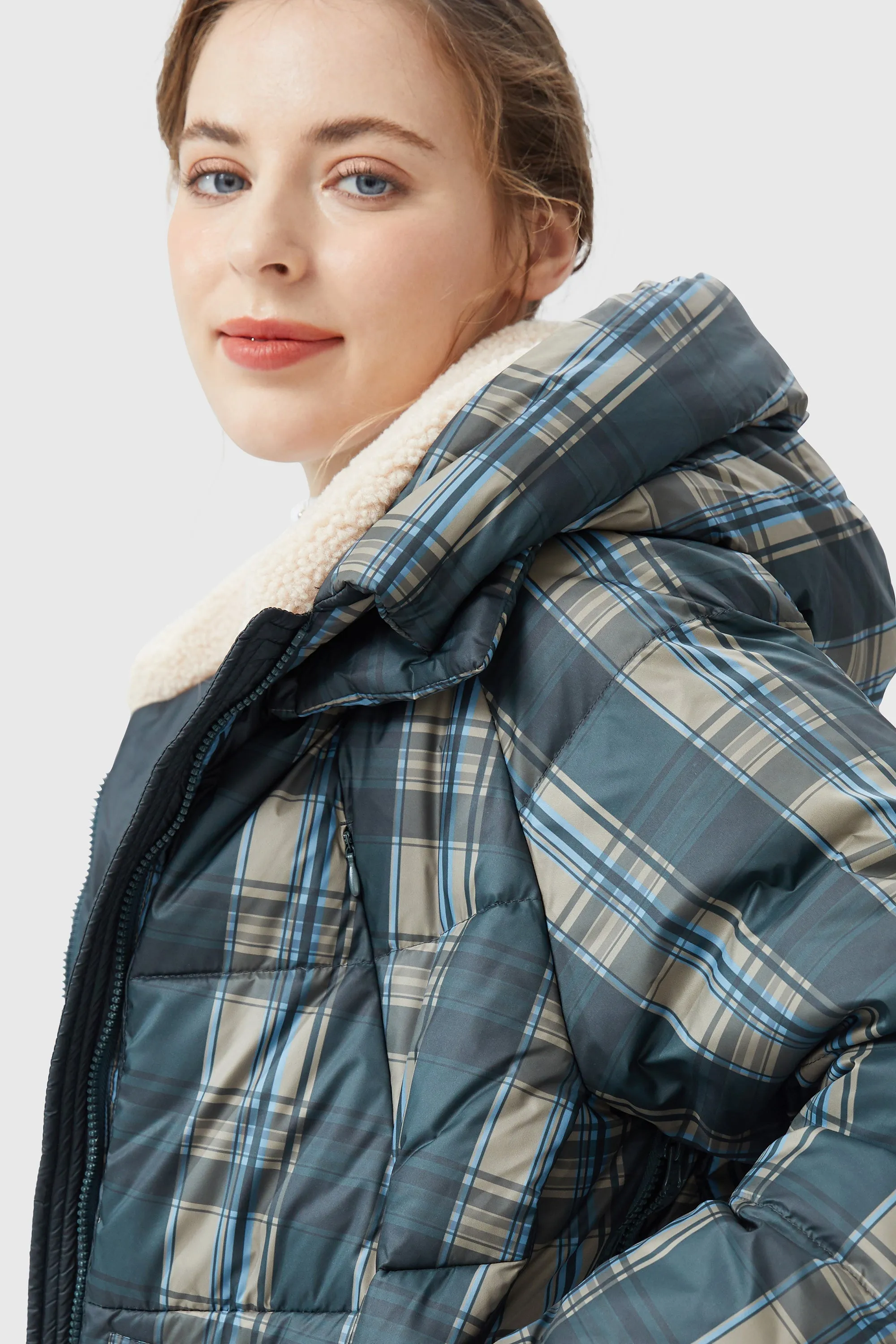 Multi-Pockets Plaid Puffer Jacket