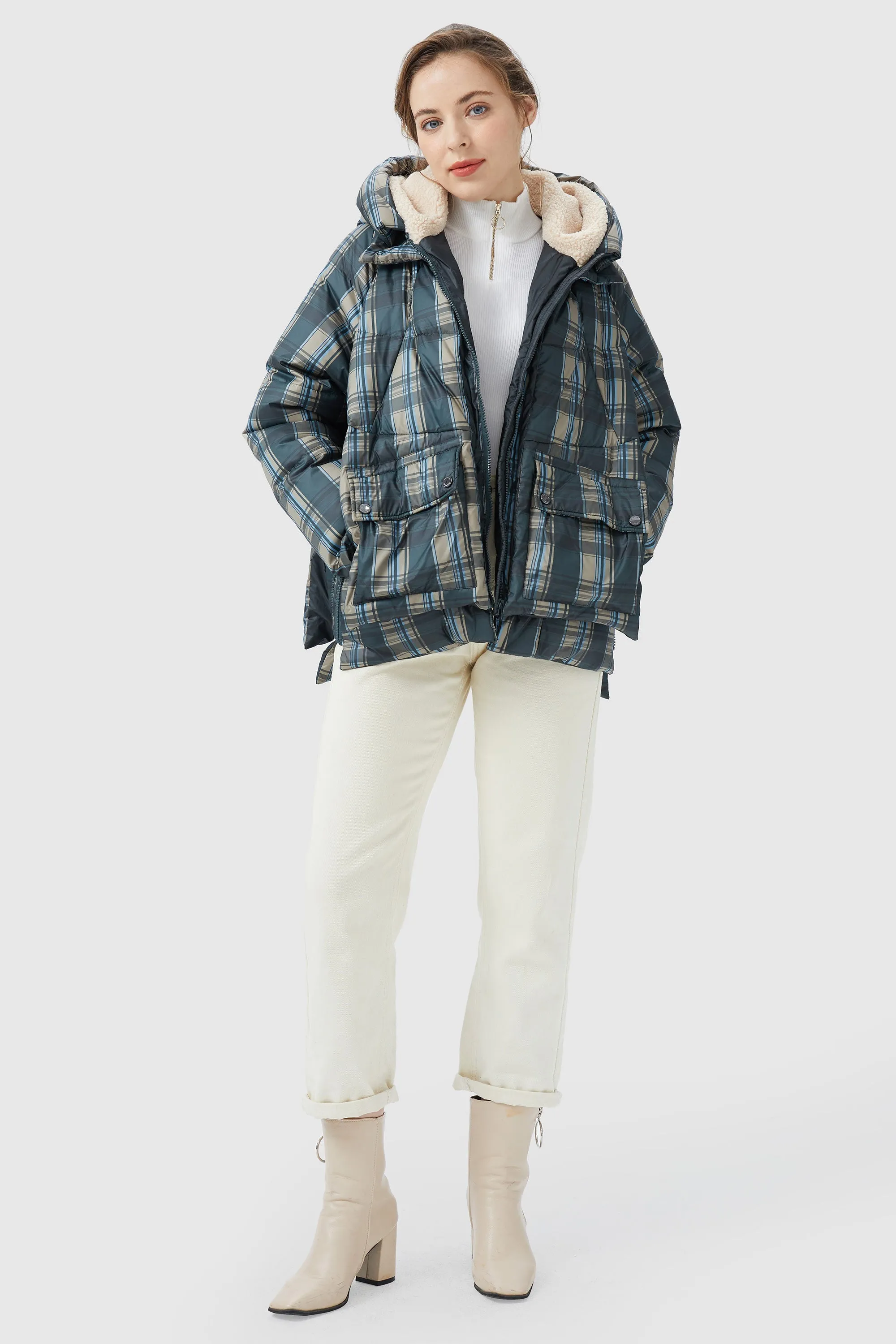 Multi-Pockets Plaid Puffer Jacket