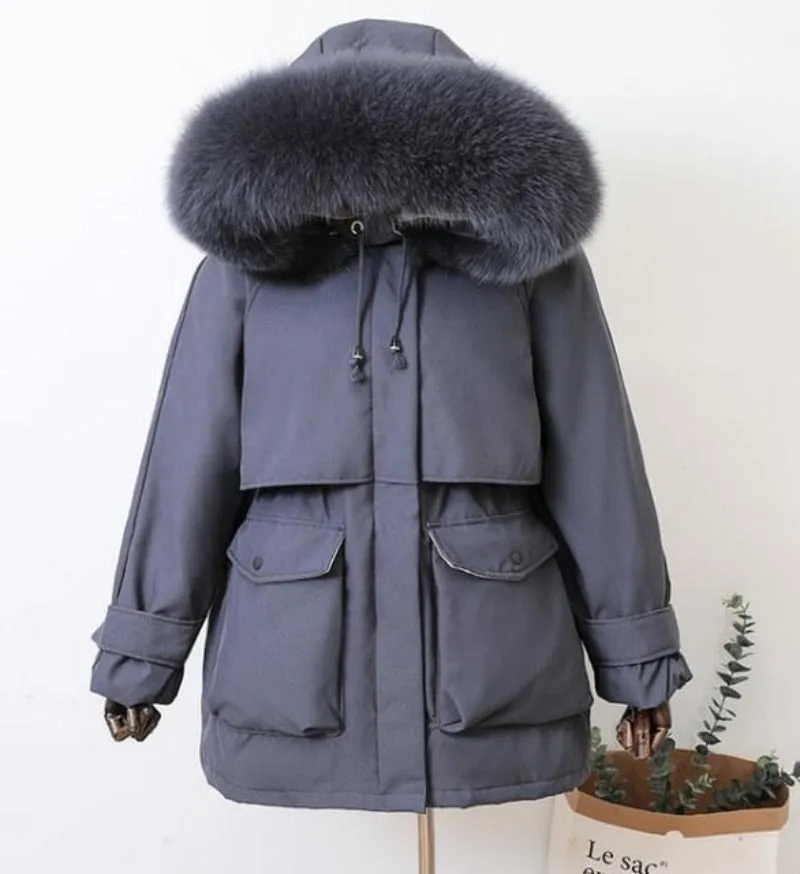 Natural Raccoon Fox Fur Hooded Down Coat Thick Warm Outerwear