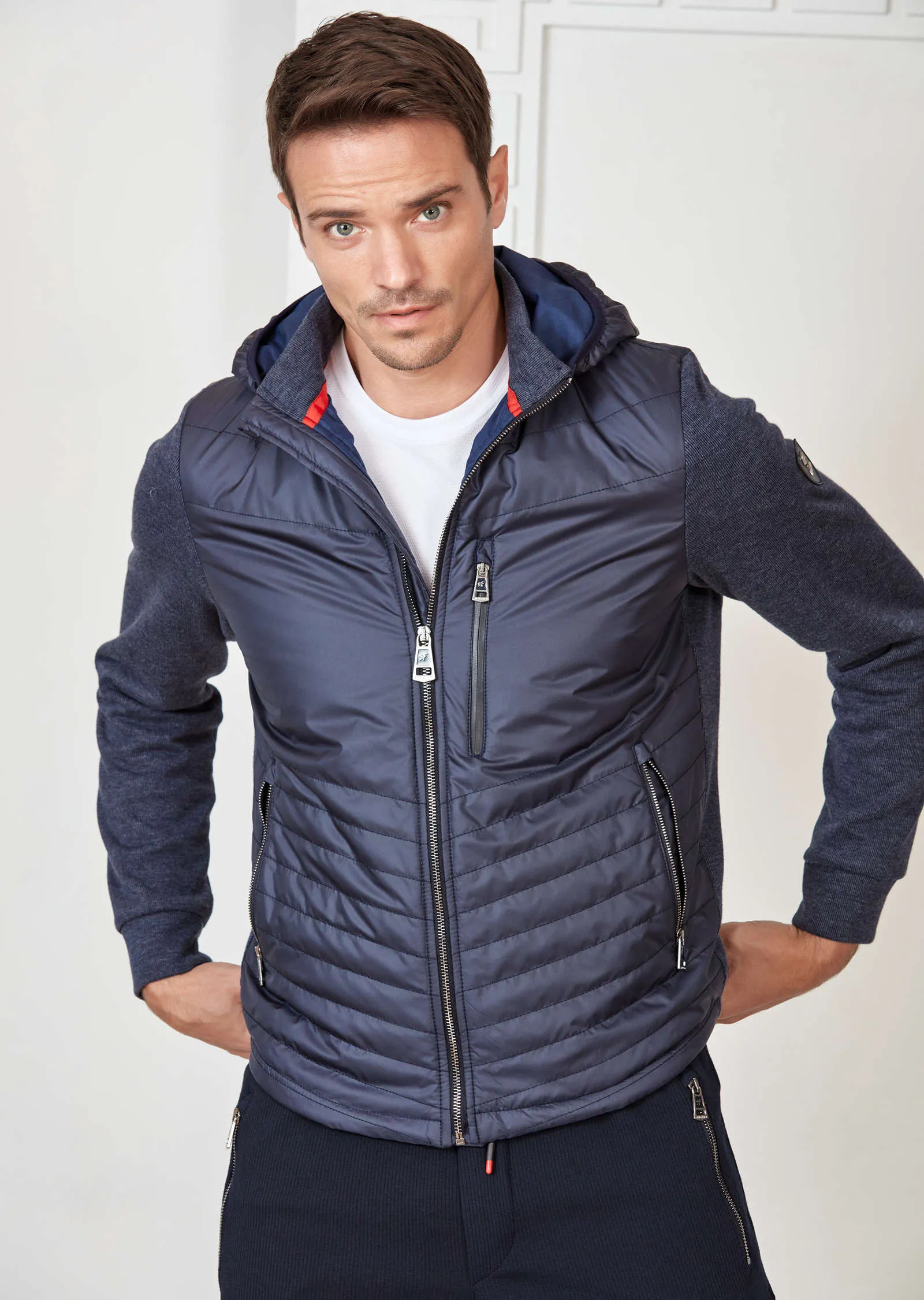 Navy Hooded Hybrid Quilted Jacket