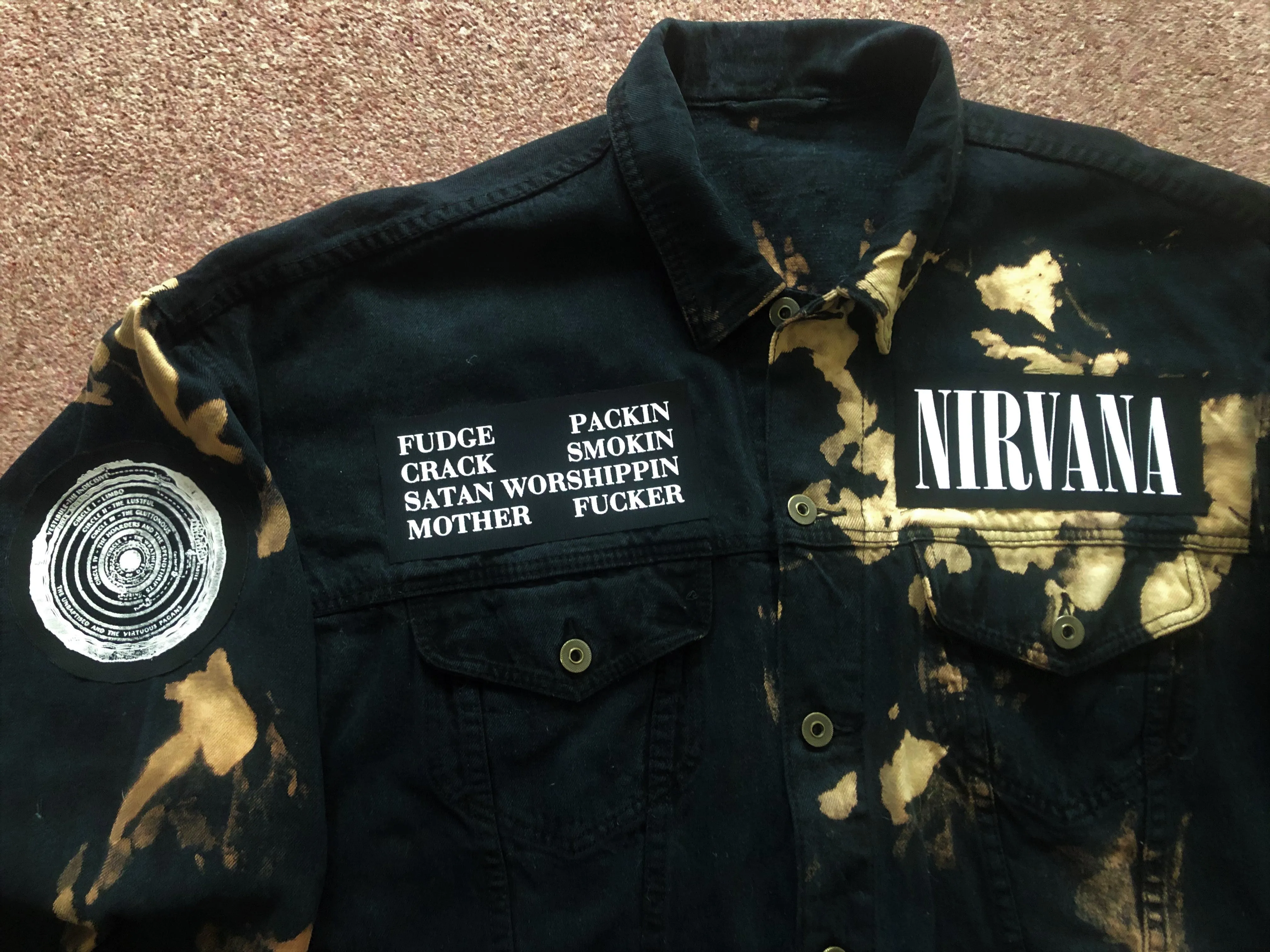 Nirvana Black 'n' Bleach Denim Patch Jacket Vestibule Circles Hell Fudge Packin' Crack Smokin'