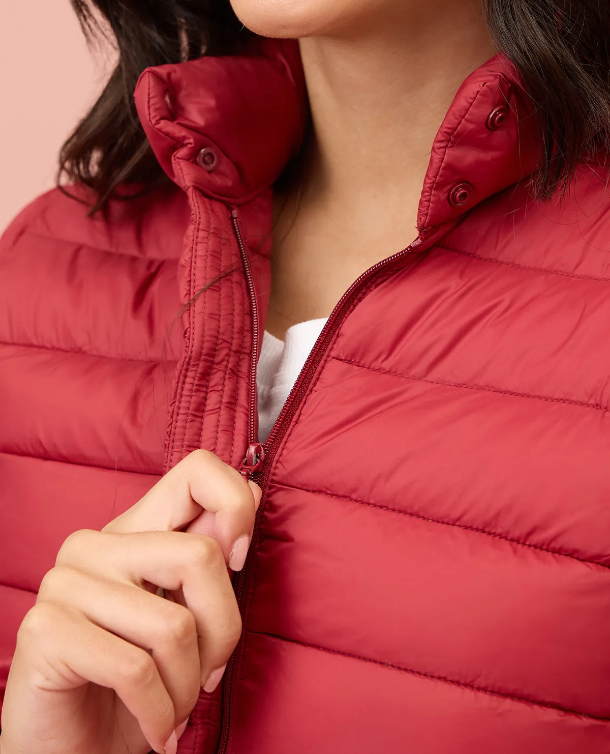 NYKD By Nykaa Ultra Light Weight Puffer Jacket with Inbuilt Bag (Set of 2)-NYAT405-Red