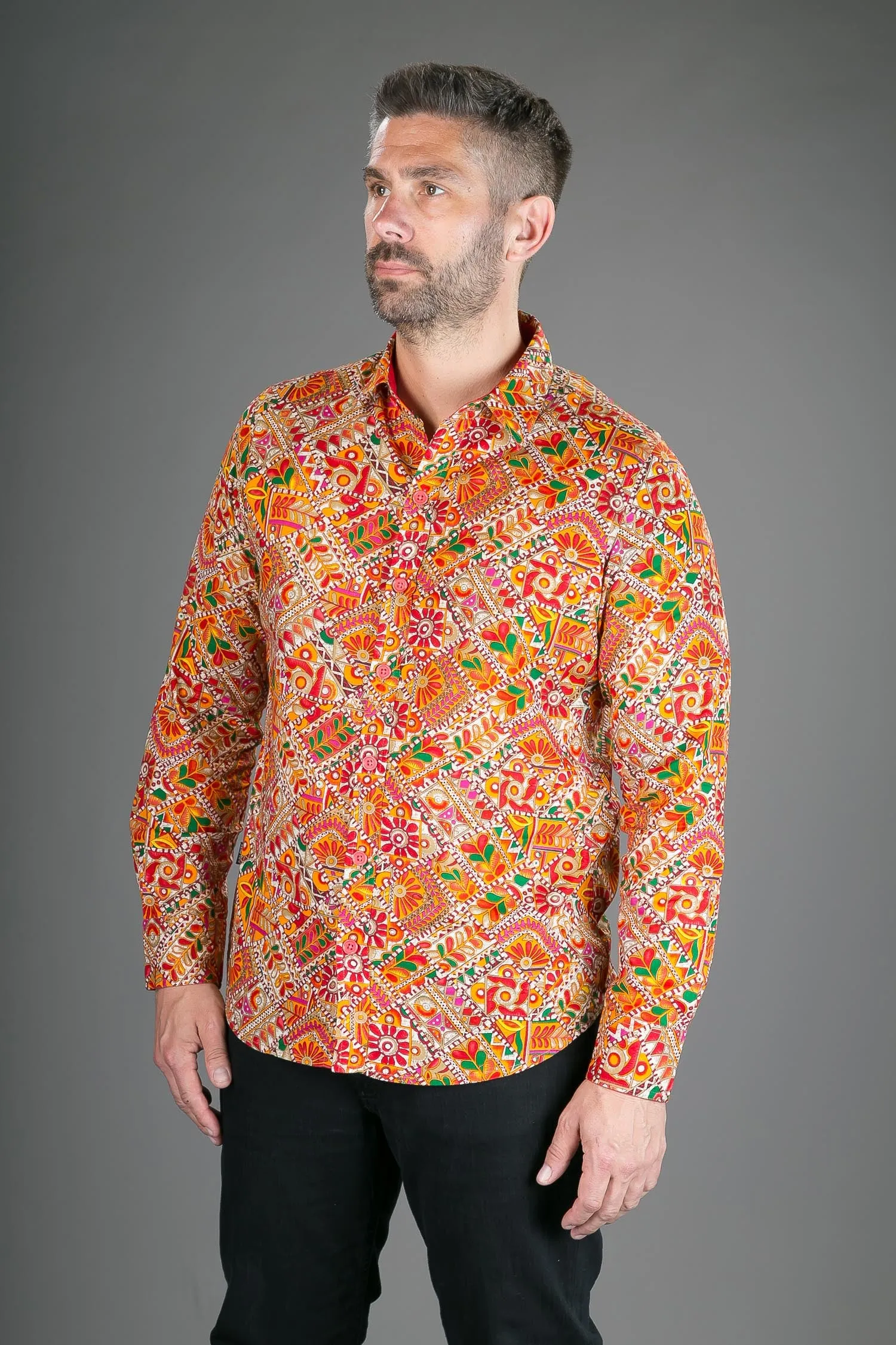 Orange Multi Colour Print Cotton Slim fit Long-Sleeve Mens Shirt