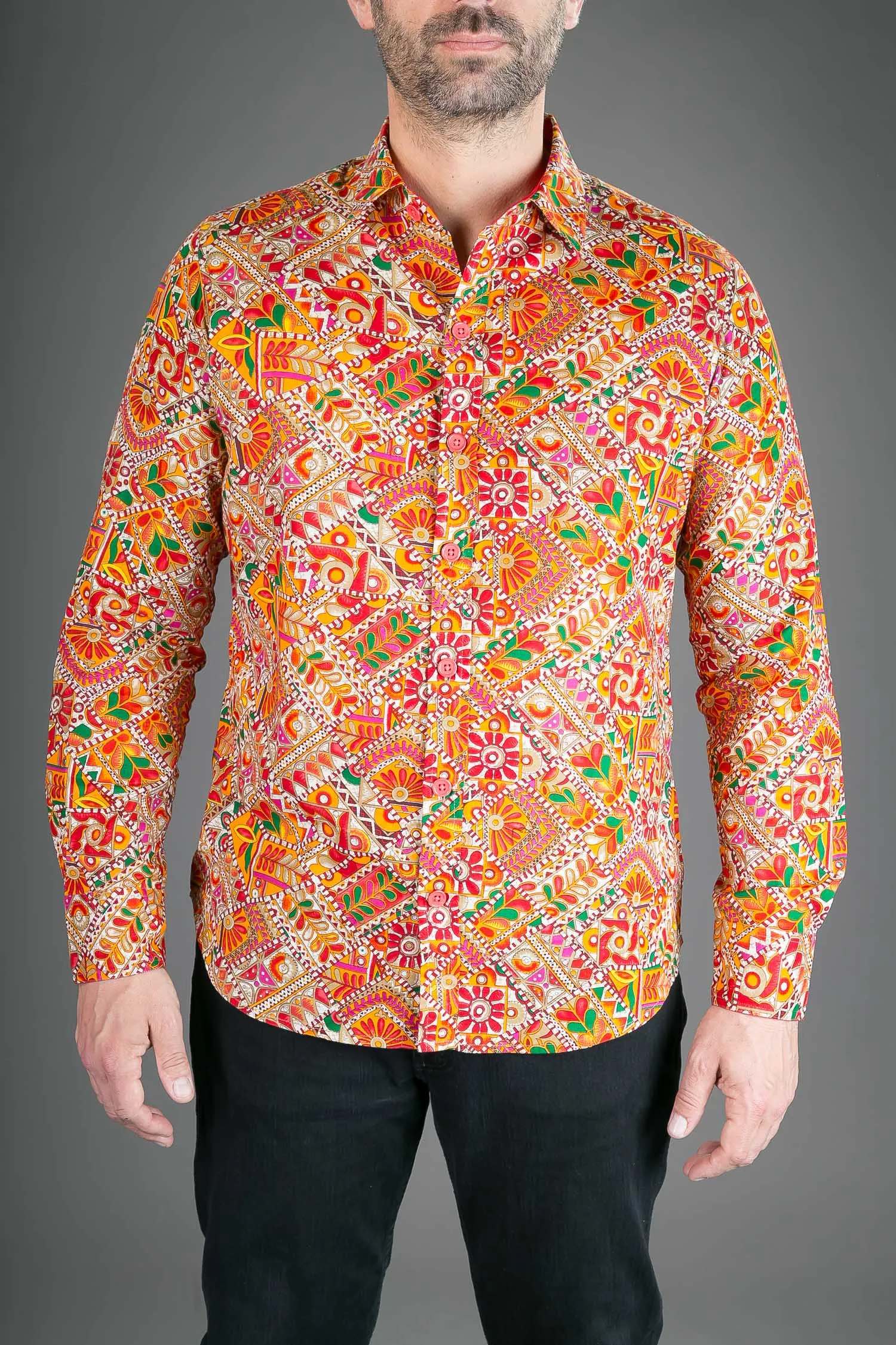 Orange Multi Colour Print Cotton Slim fit Long-Sleeve Mens Shirt