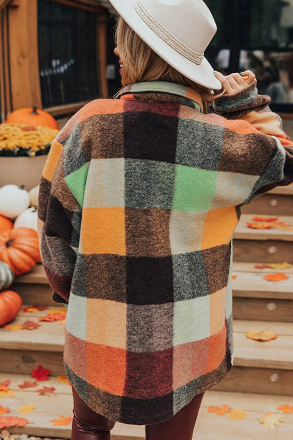 Orange Plaid Print Flap Pocket Long Jacket