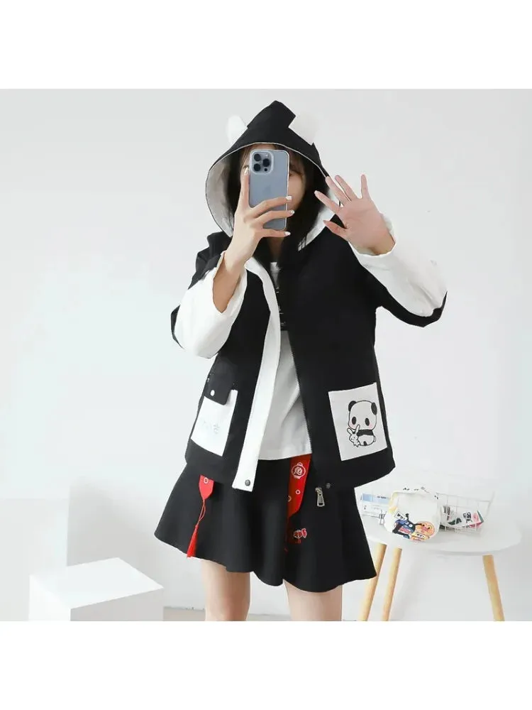 Panda Print Kawaii Women Hooded Quilted Coats Winter Long Sleeve Pocket Sweet Ladies Harajuku Cotton Liner Jackets Outwears