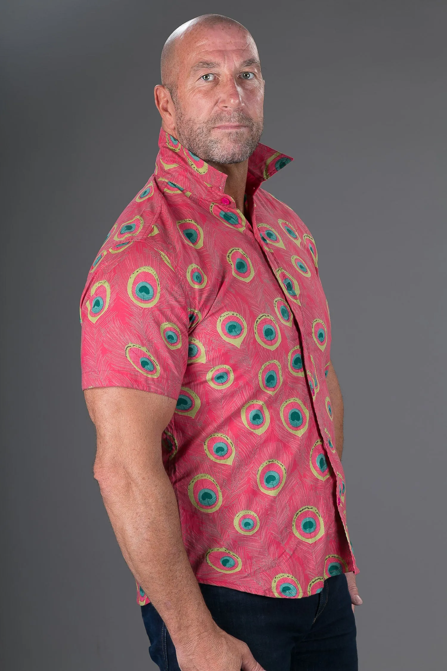 Peacock Print Cotton Slim and Regular Fit Mens Hawaiian Shirt Short Sleeve