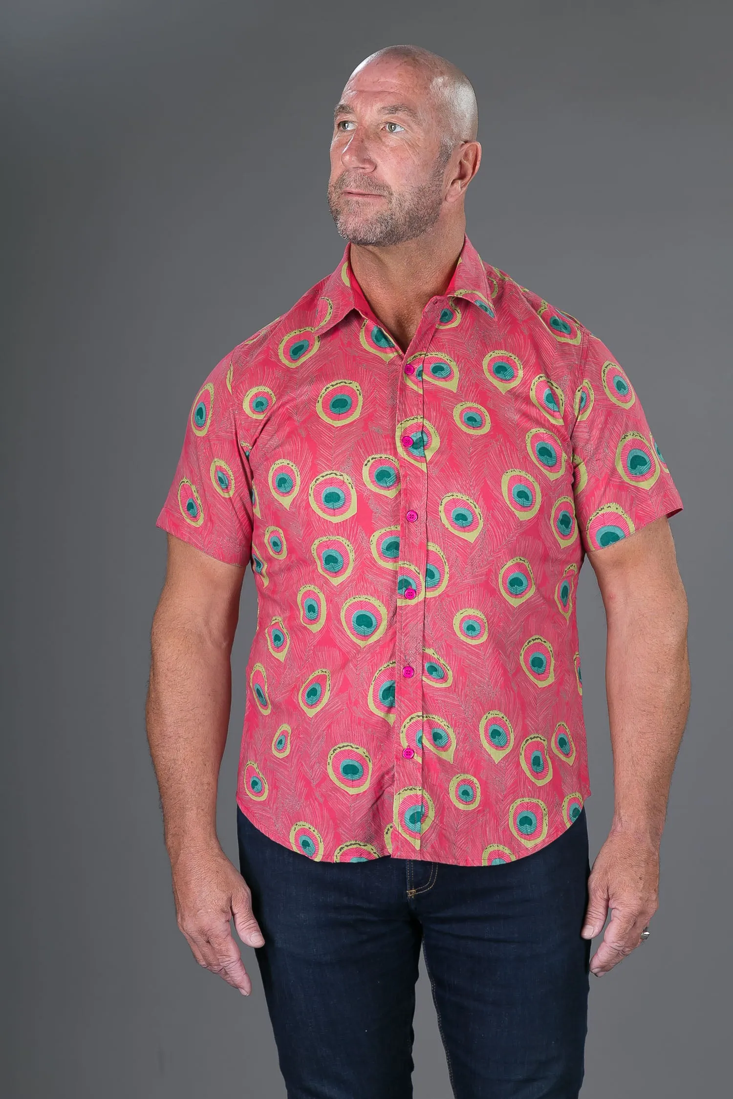 Peacock Print Cotton Slim and Regular Fit Mens Hawaiian Shirt Short Sleeve