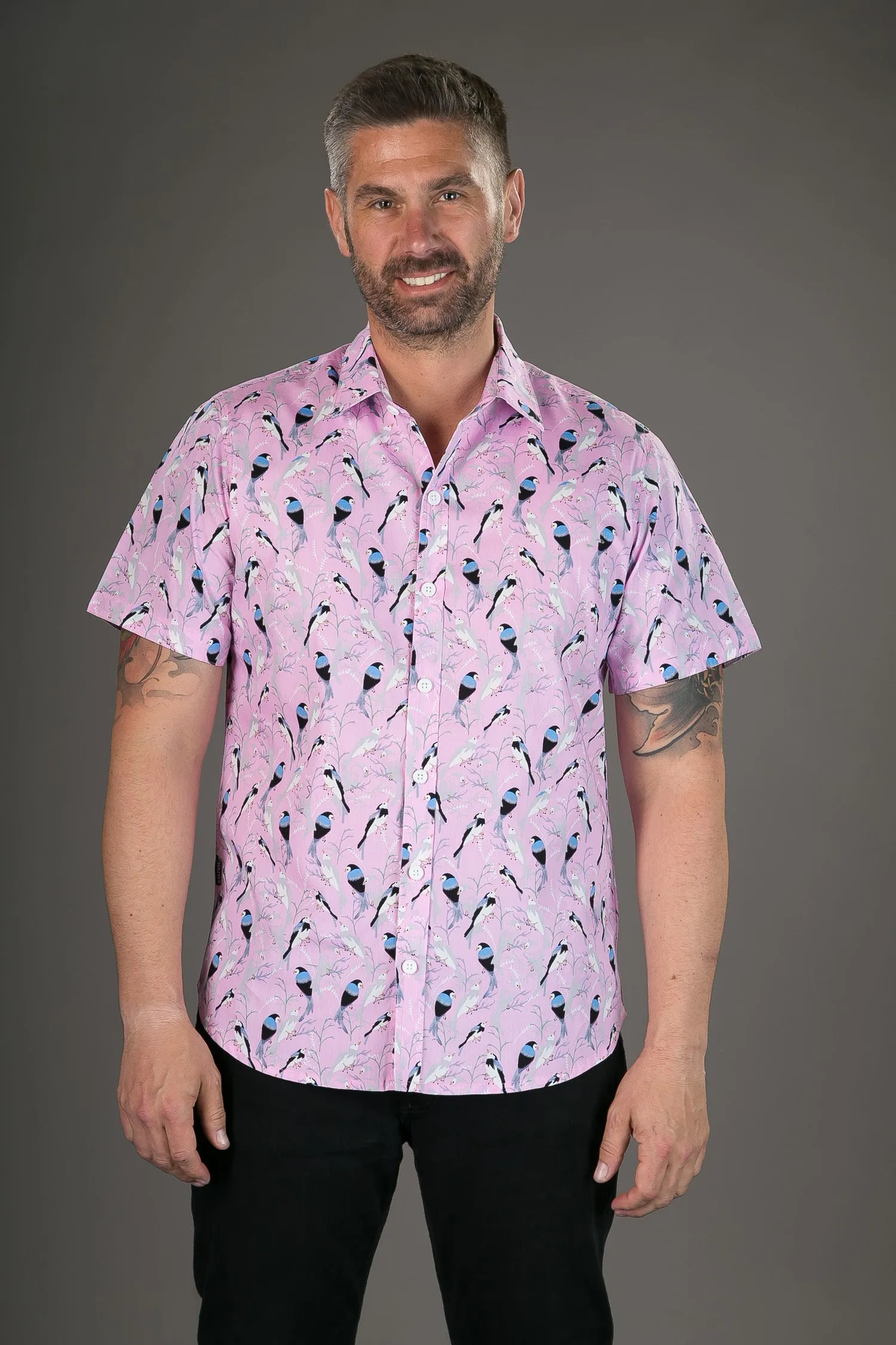 Pink Birds Print Cotton Slim Fit Mens Shirt Short Sleeve