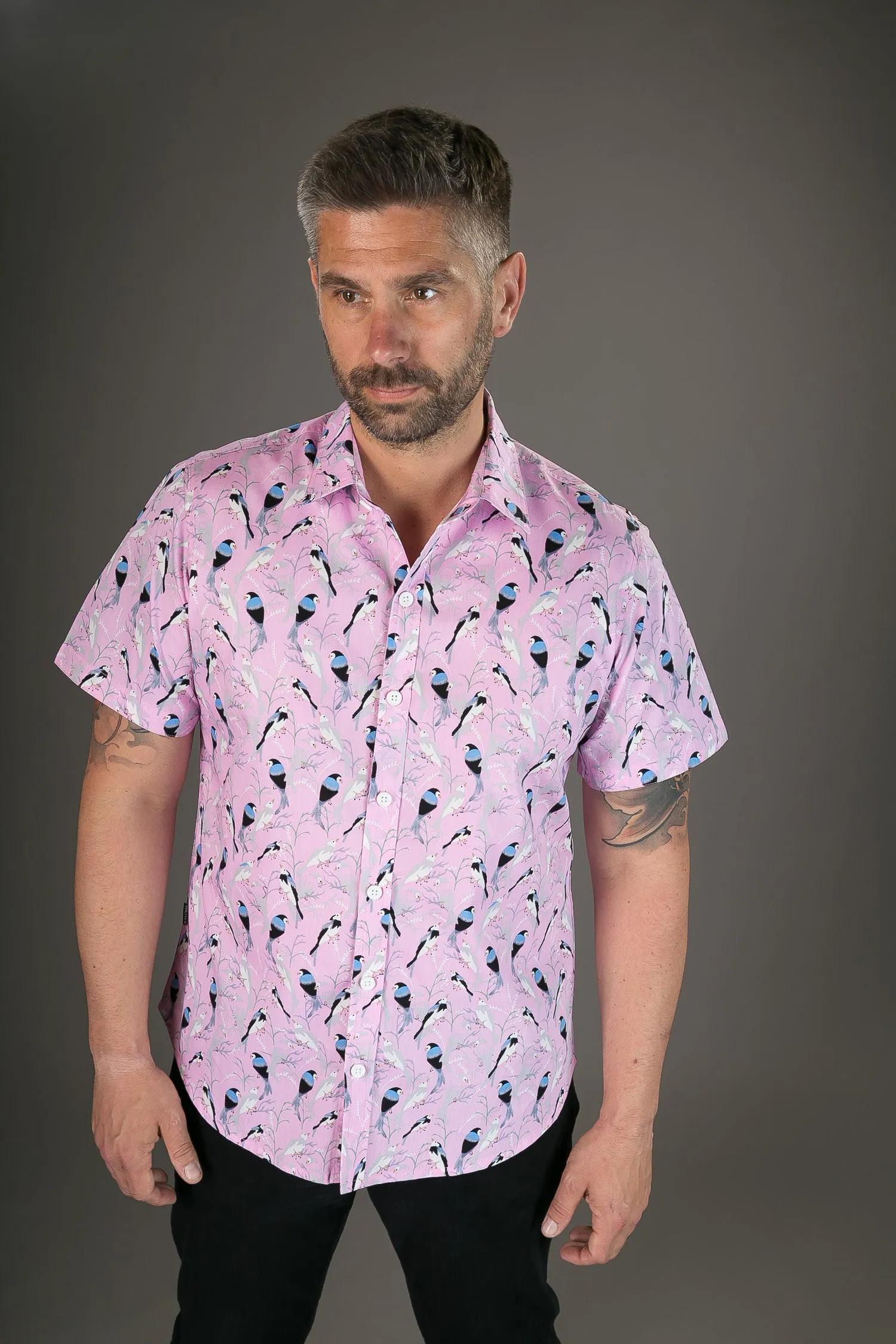 Pink Birds Print Cotton Slim Fit Mens Shirt Short Sleeve