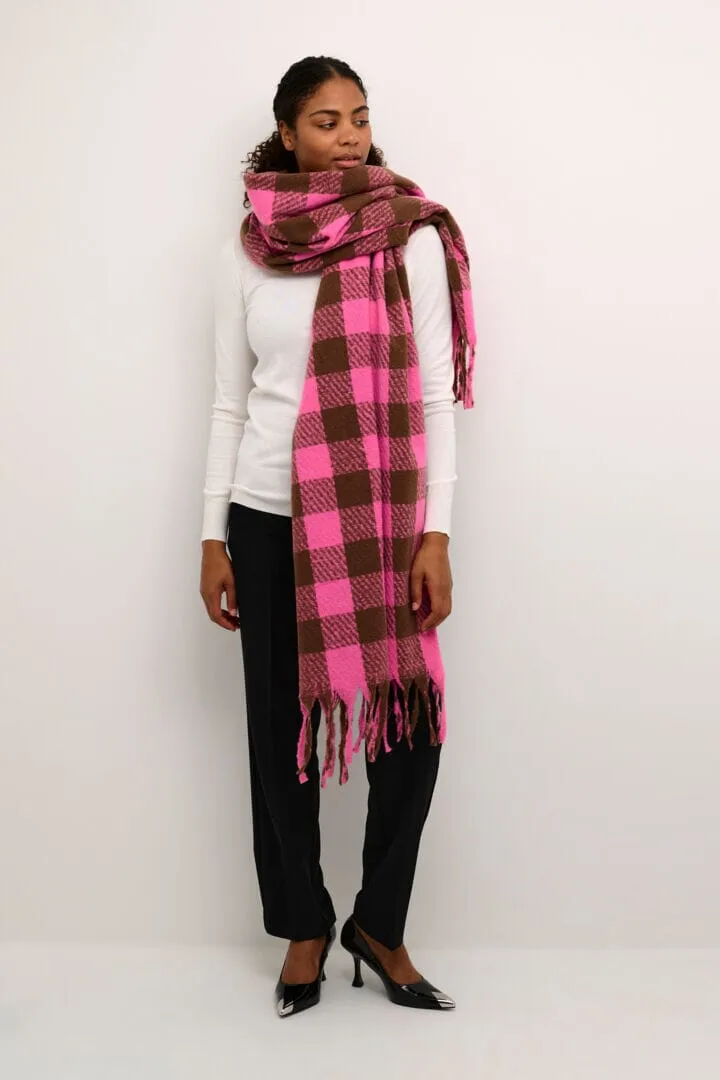 PINK BROWN FRINGE PLAID SCARF