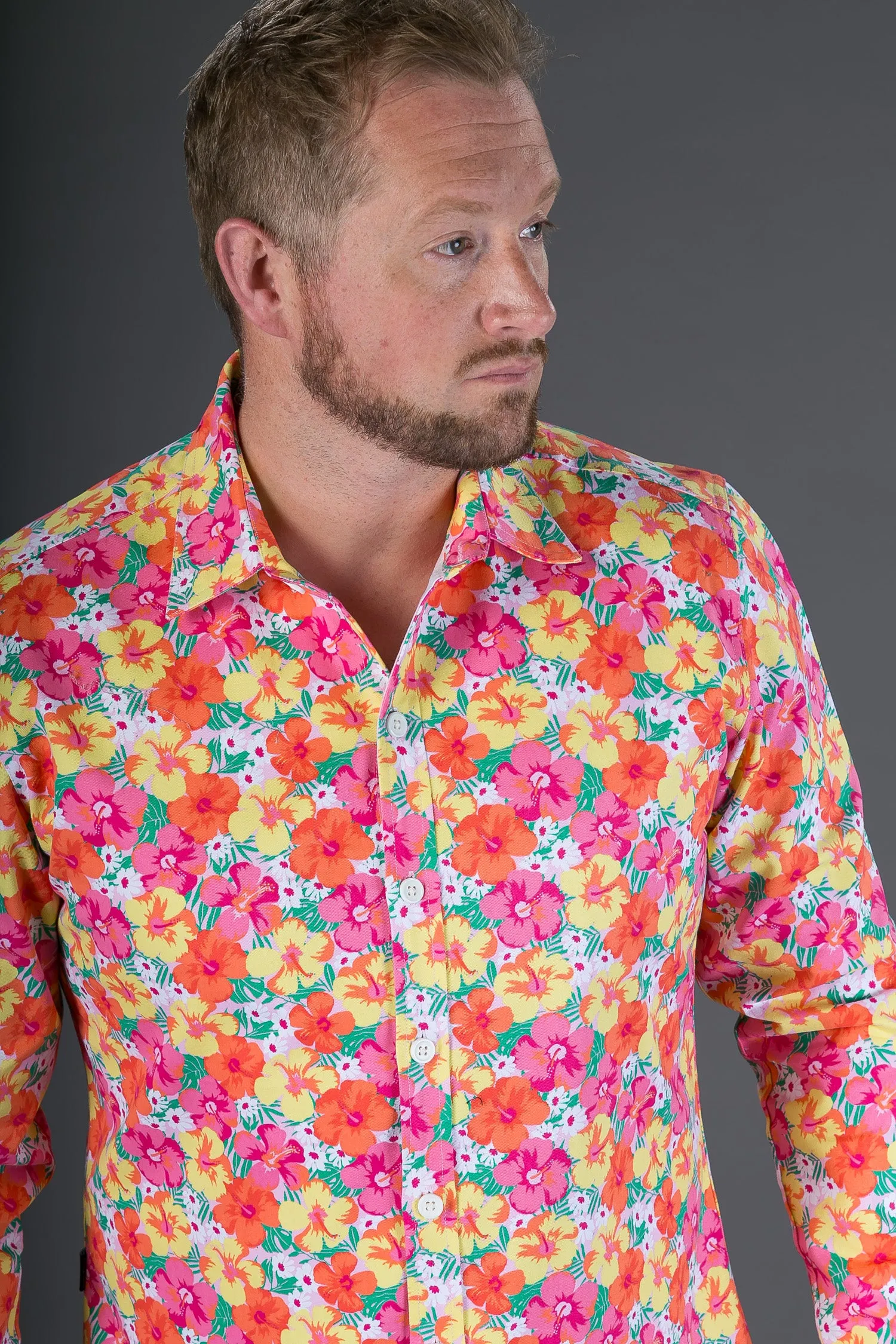 Pink Yellow Floral Print Heavy Cotton Slim Fit Mens Shirt Long Sleeve