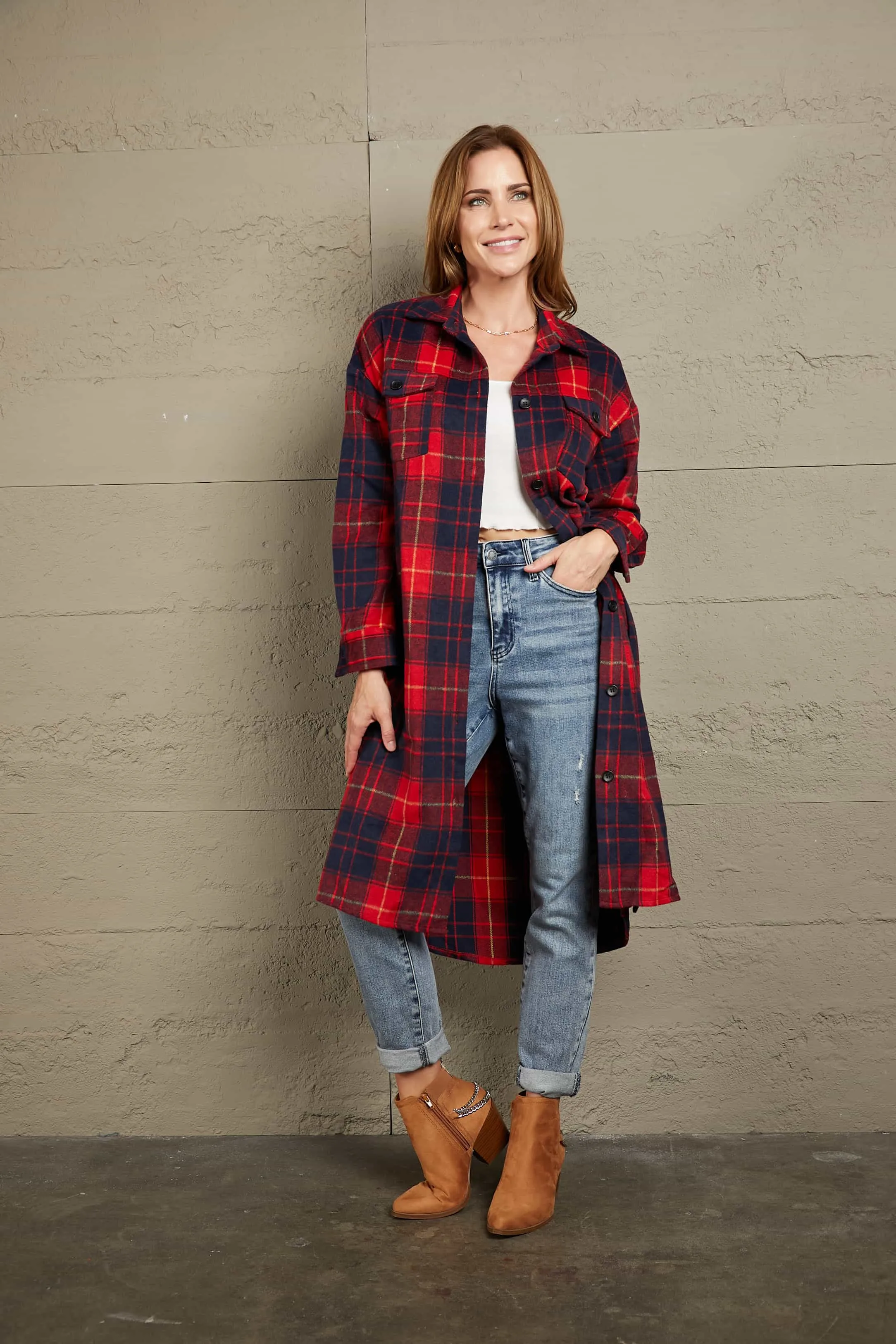 Plaid Belted Button Down Longline Shirt Jacket