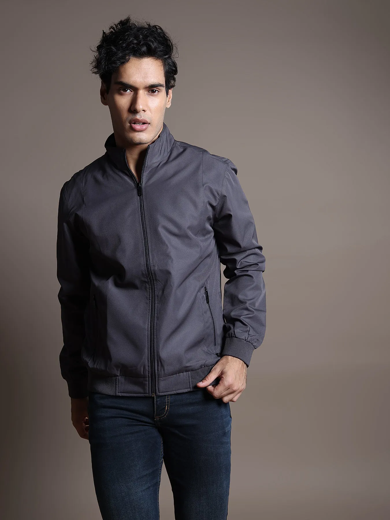 Polyester Dark Grey Plain Regular Fit Full Sleeve Casual Windcheater