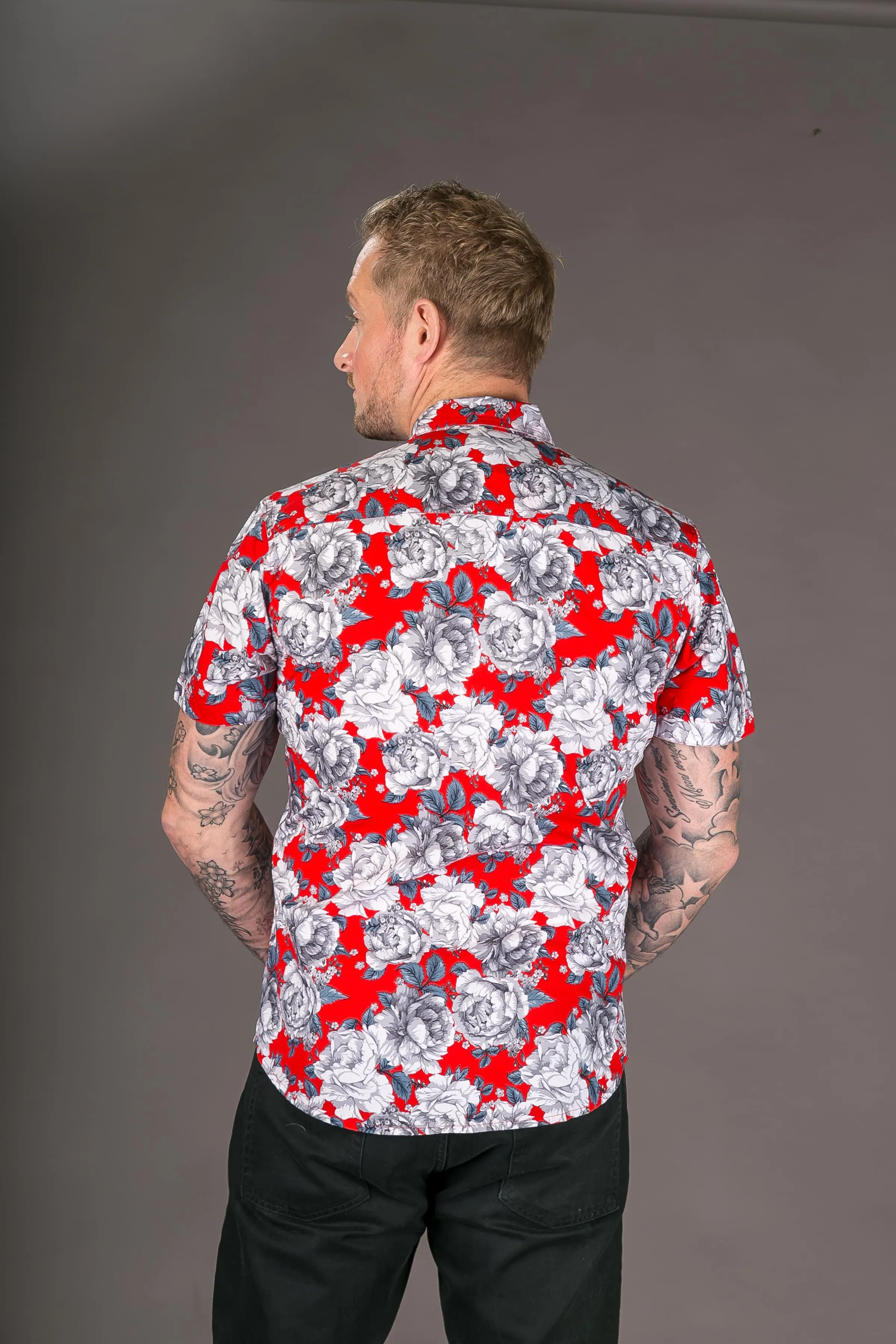 Red Floral Print Cotton Slim and Regular Fit Mens Shirt Short Sleeve