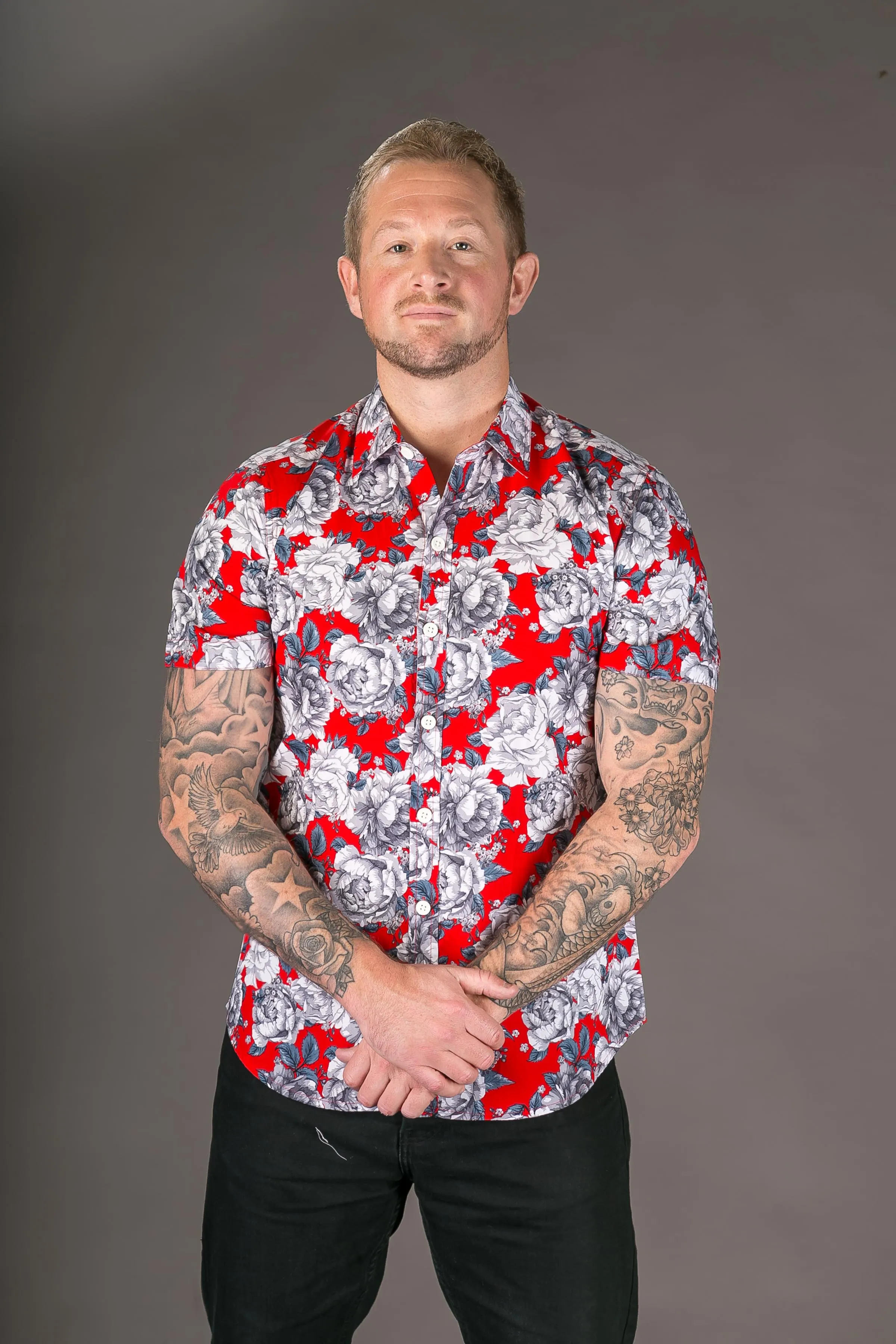 Red Floral Print Cotton Slim and Regular Fit Mens Shirt Short Sleeve