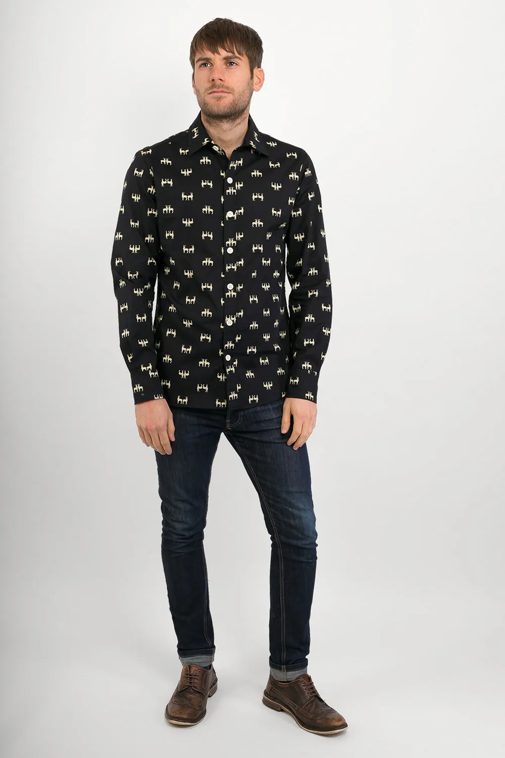 Reindeer Black Print Cotton Slim Fit Mens Shirt Long Sleeve