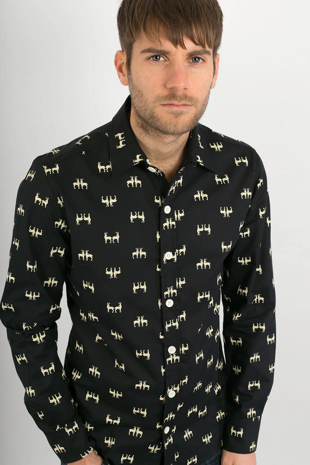 Reindeer Black Print Cotton Slim Fit Mens Shirt Long Sleeve