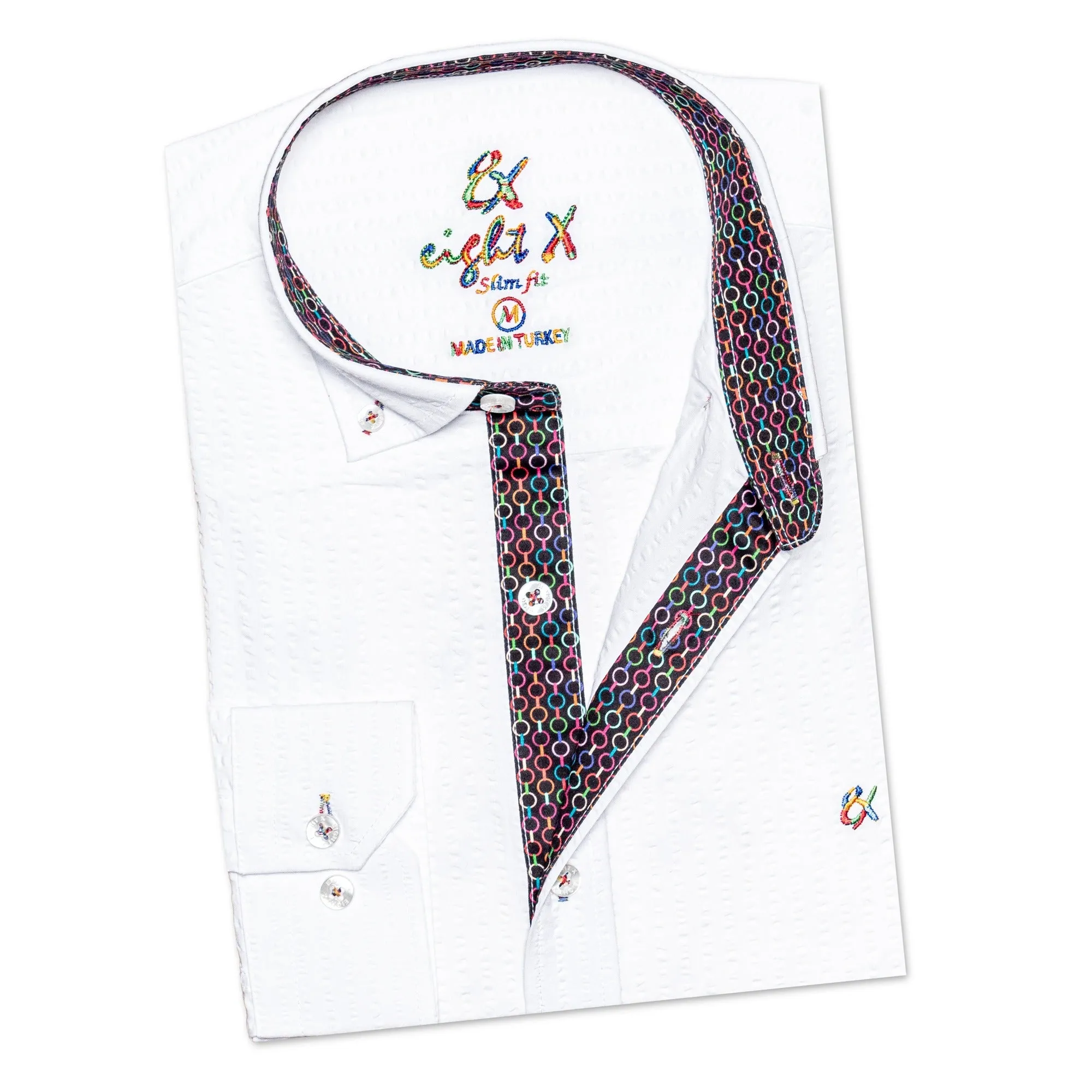 Seersucker Button Down Shirt With Rainbow Chainlink Trim - White