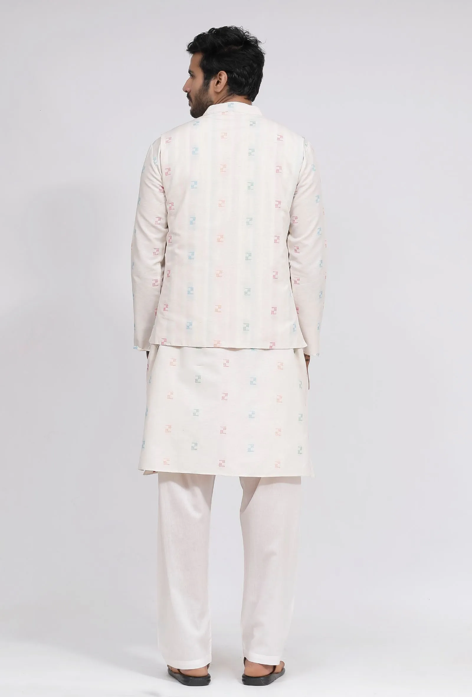 Set of 3: White Dobby Nehru Jacket With White Dobby Button Down Kurta and Pajama