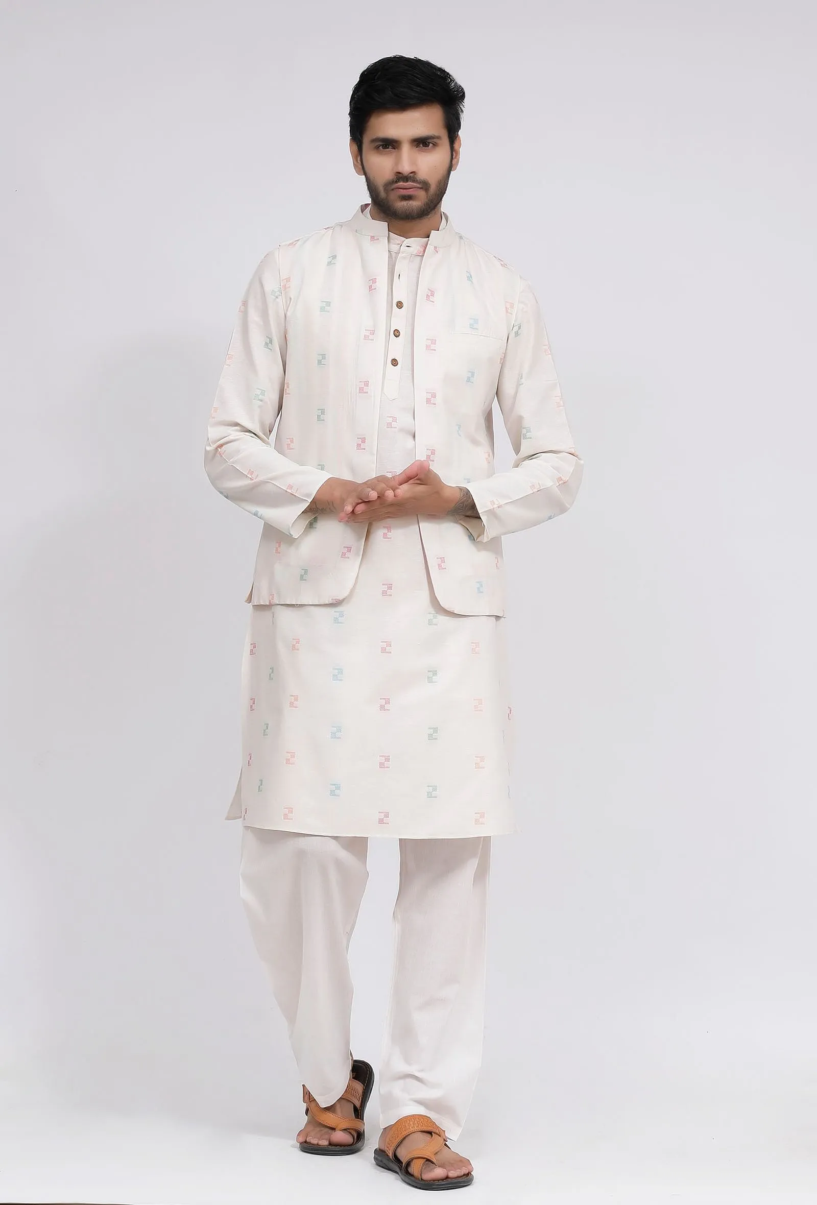 Set of 3: White Dobby Nehru Jacket With White Dobby Button Down Kurta and Pajama