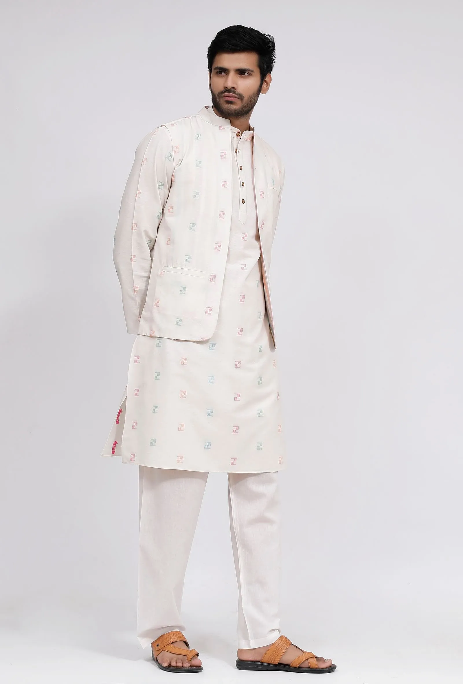 Set of 3: White Dobby Nehru Jacket With White Dobby Button Down Kurta and Pajama