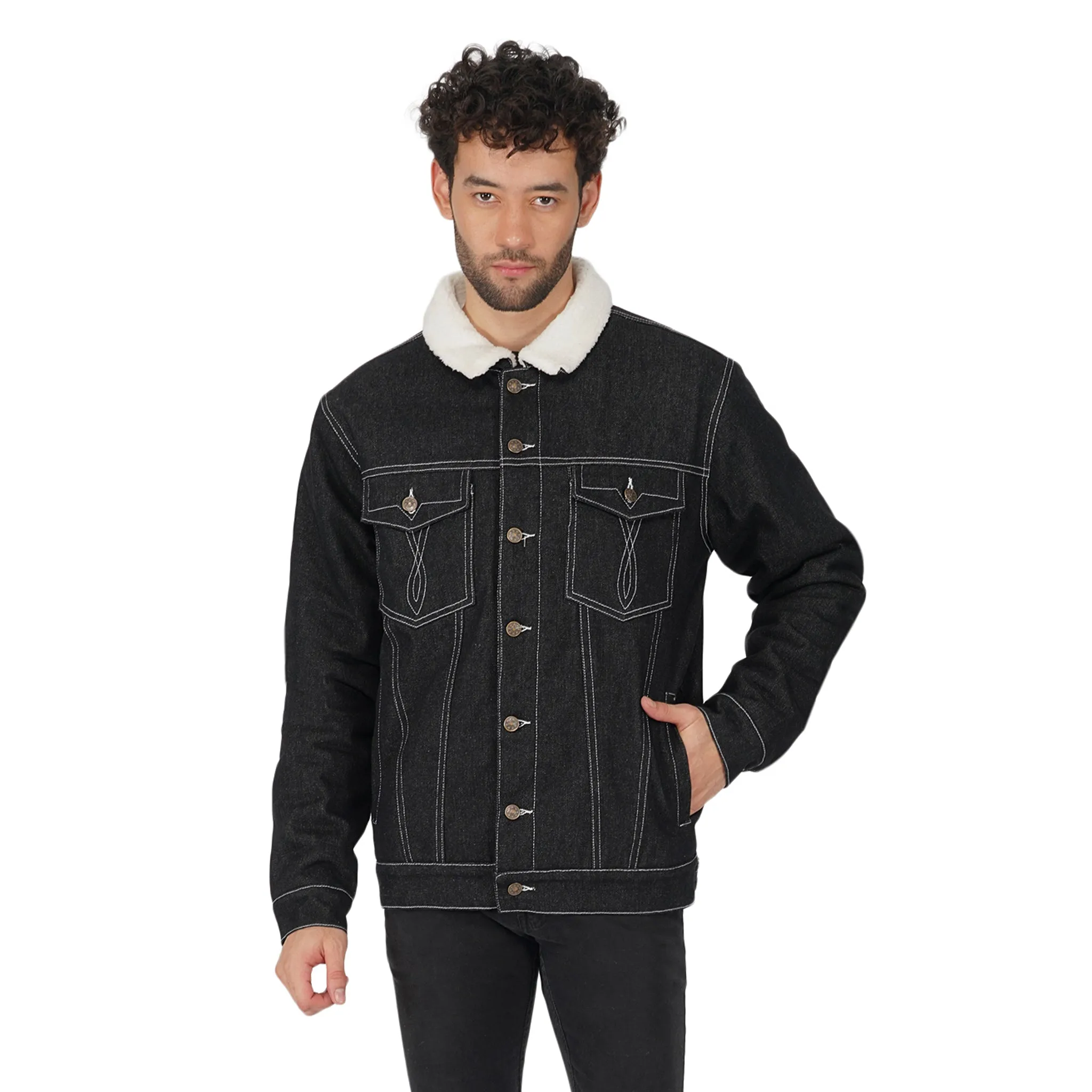 SLAY. Men's Full Sleeves Black Solid Embroidered Button-Down Black Denim Jacket with Faux-fur Lining