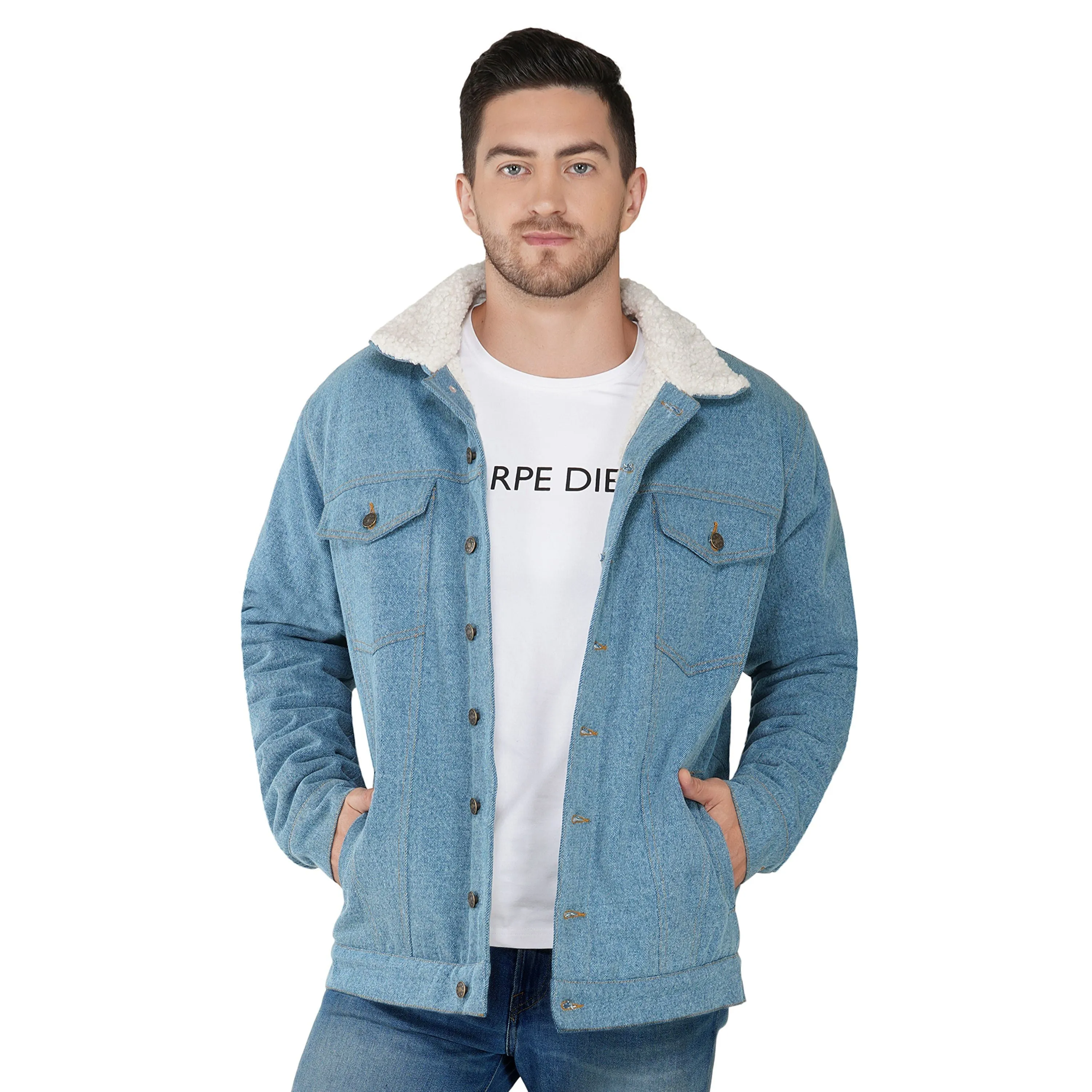 SLAY. Men's Full Sleeves Blue Solid Embroidered Button-Down Washed Light Blue Denim Jacket with Faux-fur Lining