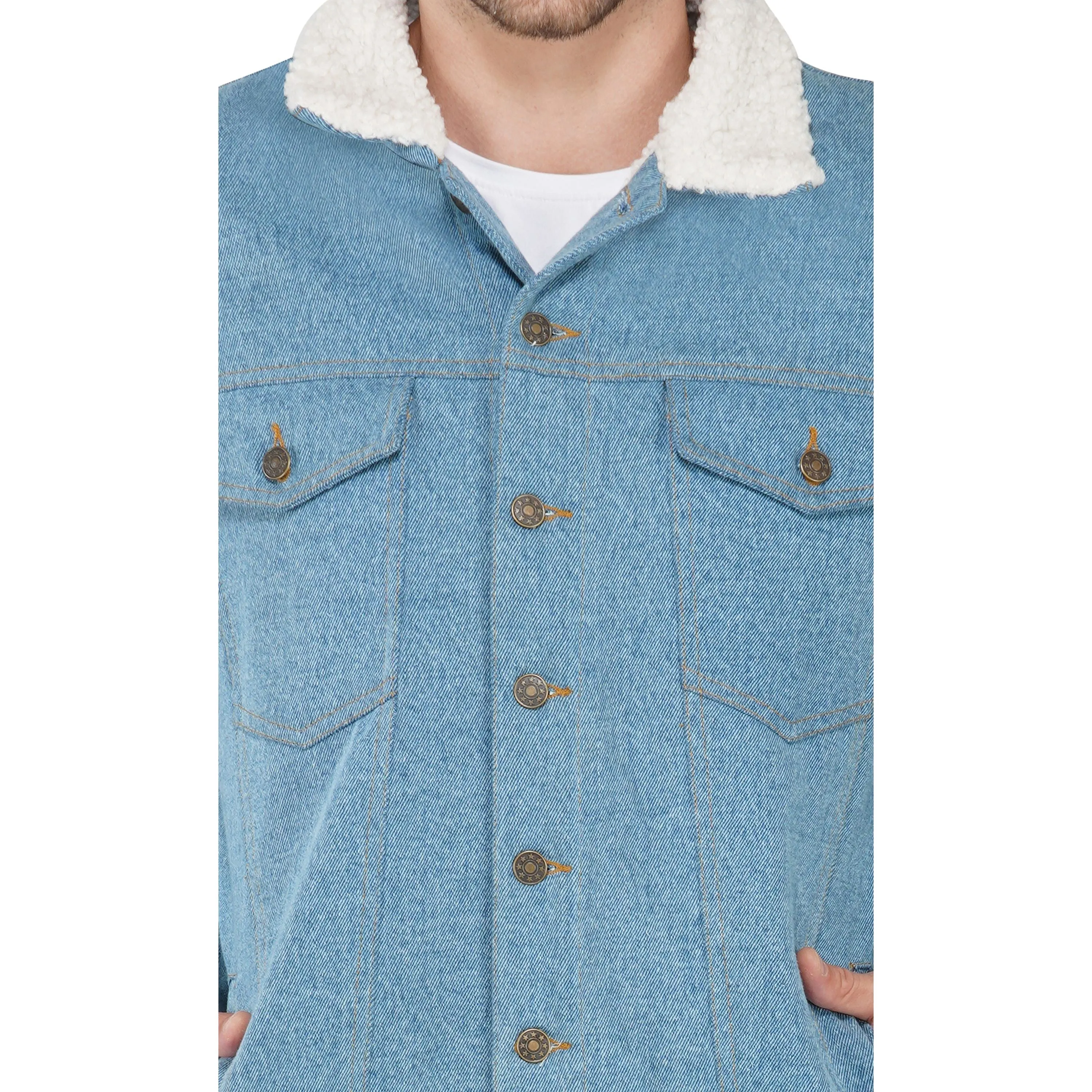 SLAY. Men's Full Sleeves Blue Solid Embroidered Button-Down Washed Light Blue Denim Jacket with Faux-fur Lining