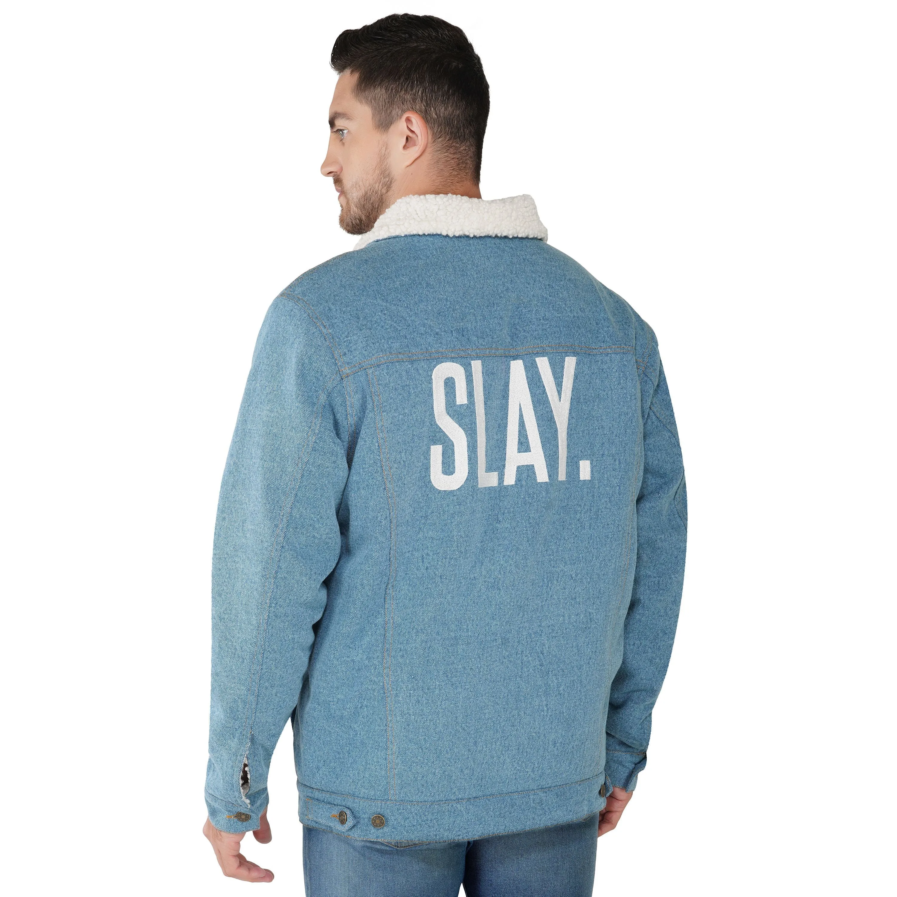 SLAY. Men's Full Sleeves Blue Solid Embroidered Button-Down Washed Light Blue Denim Jacket with Faux-fur Lining