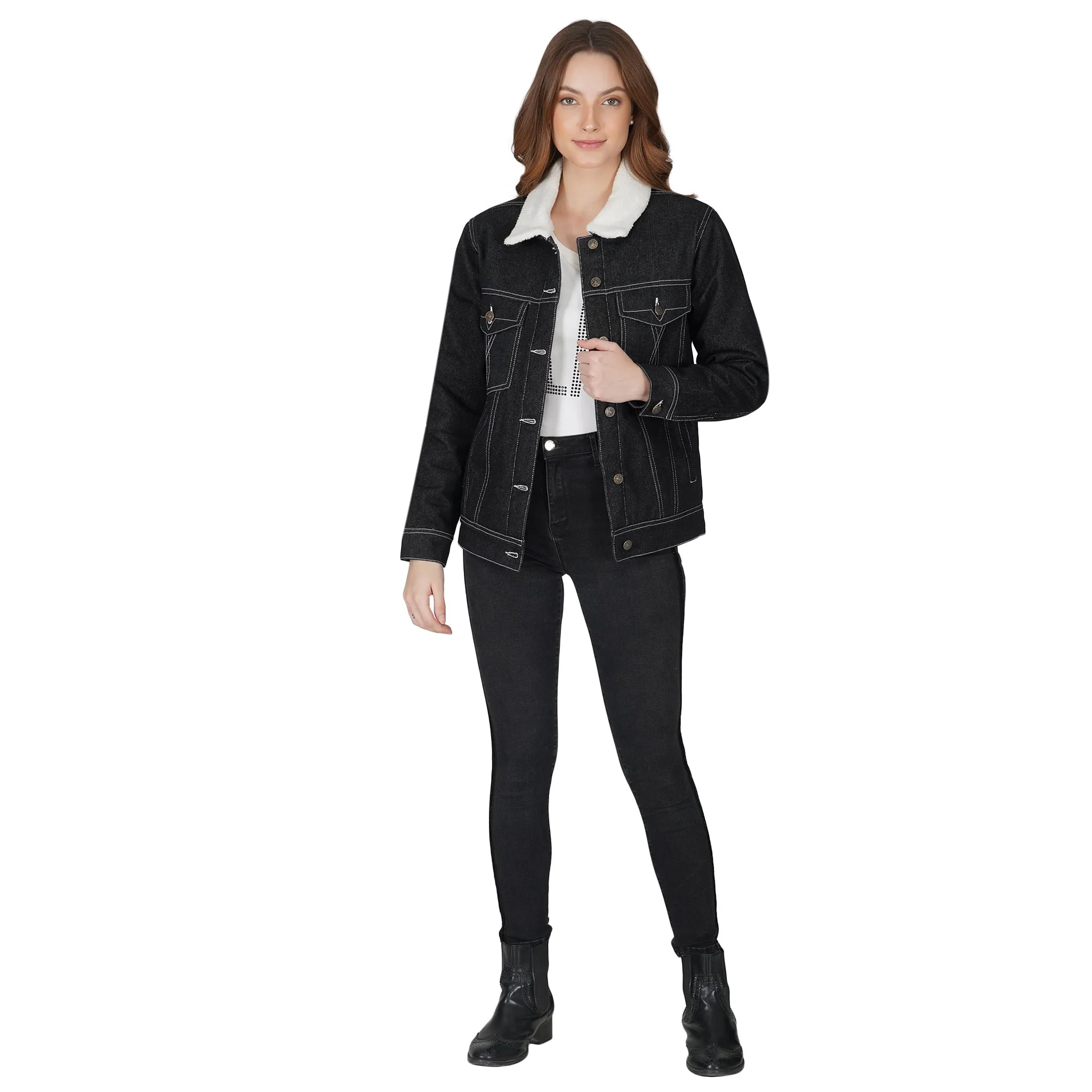 SLAY. Women's Black Denim Jacket with Faux-fur Lining