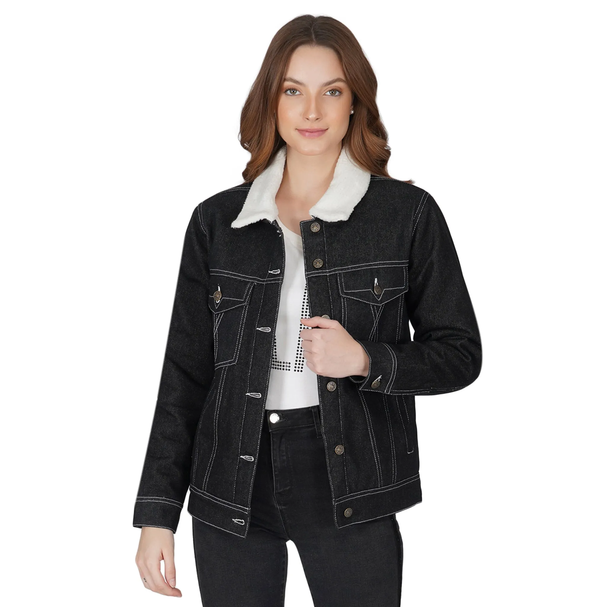 SLAY. Women's Black Denim Jacket with Faux-fur Lining