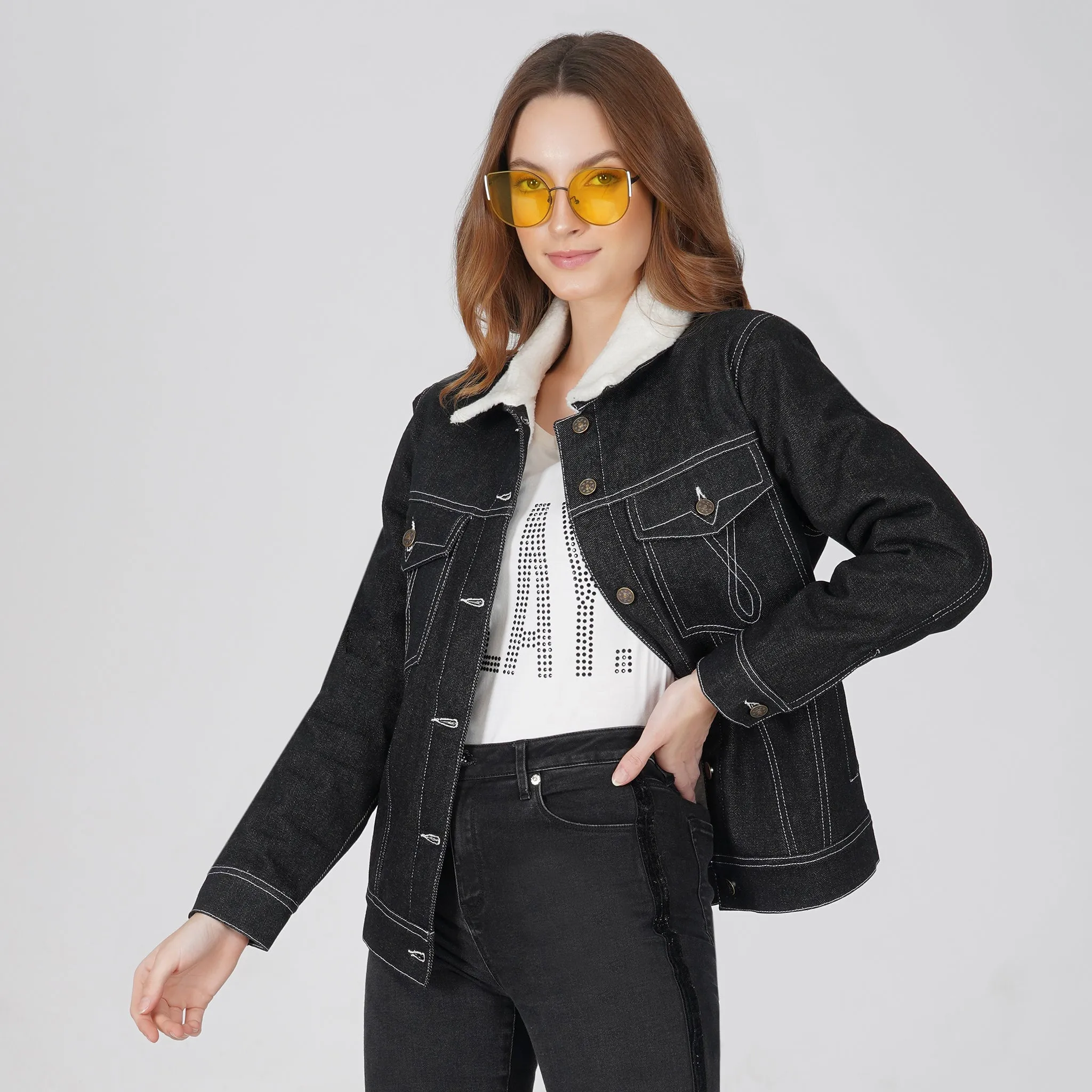 SLAY. Women's Embroidered Black Denim Jacket with Faux-fur Lining