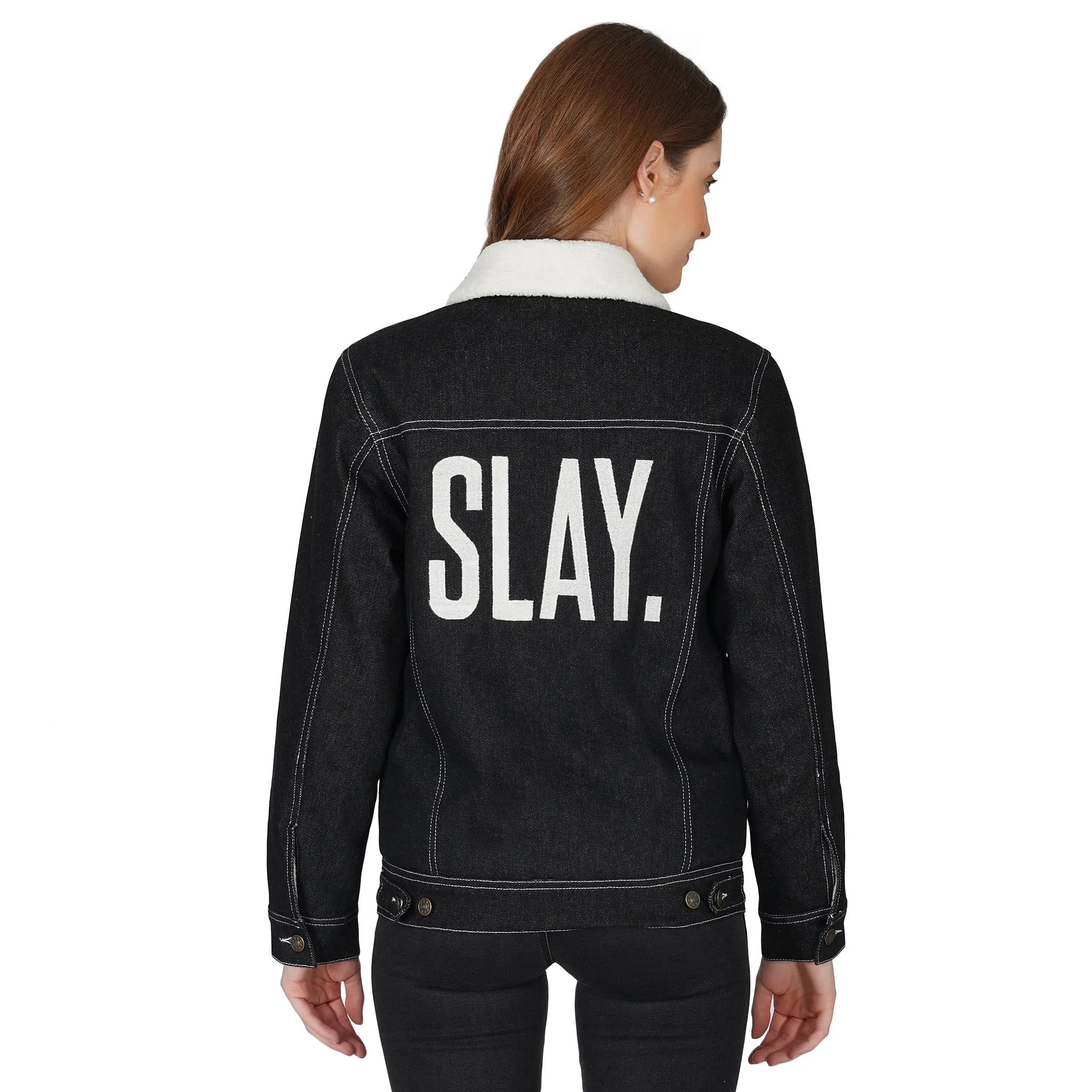 SLAY. Women's Embroidered Black Denim Jacket with Faux-fur Lining