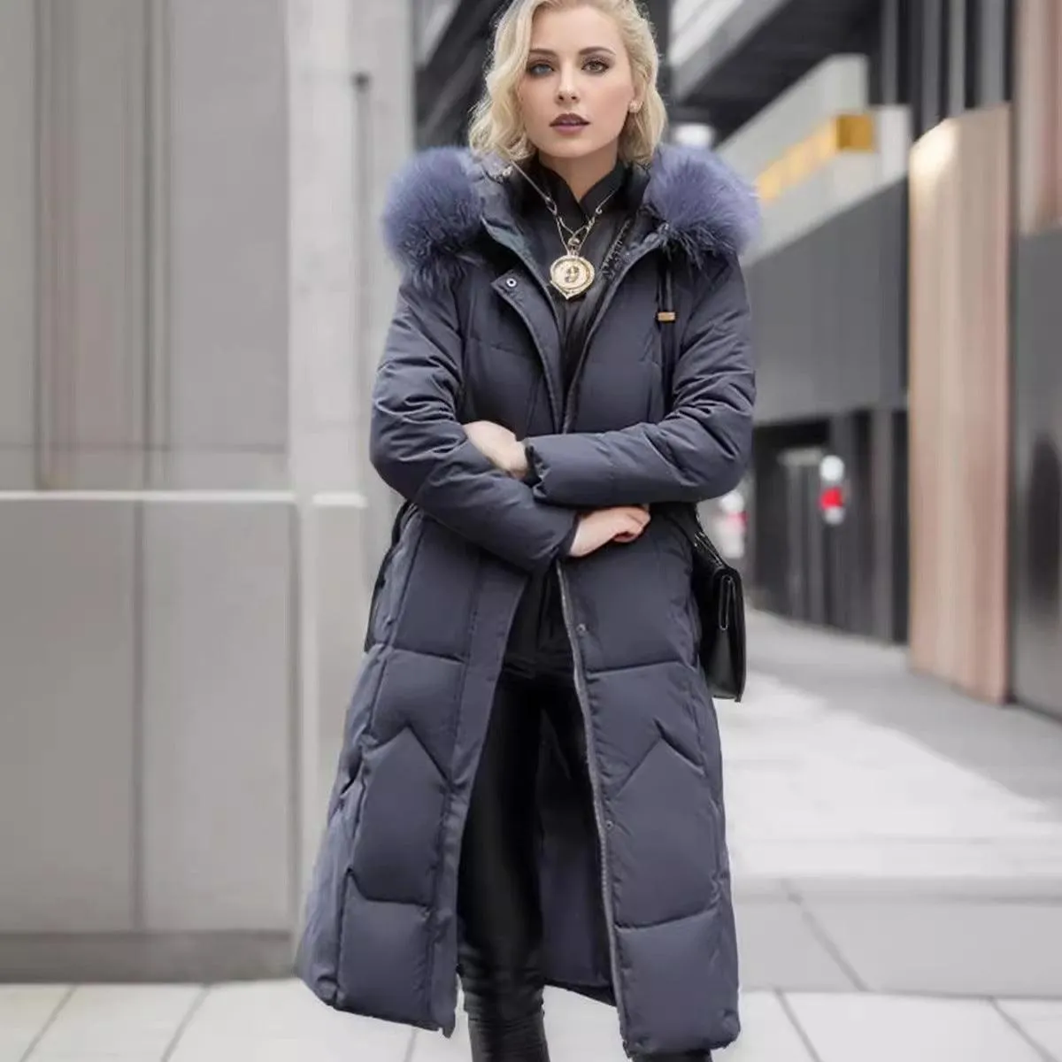 Slim Fit Below The Knee Cotton Coat Big Fur Collar Thickened Padded Jacket