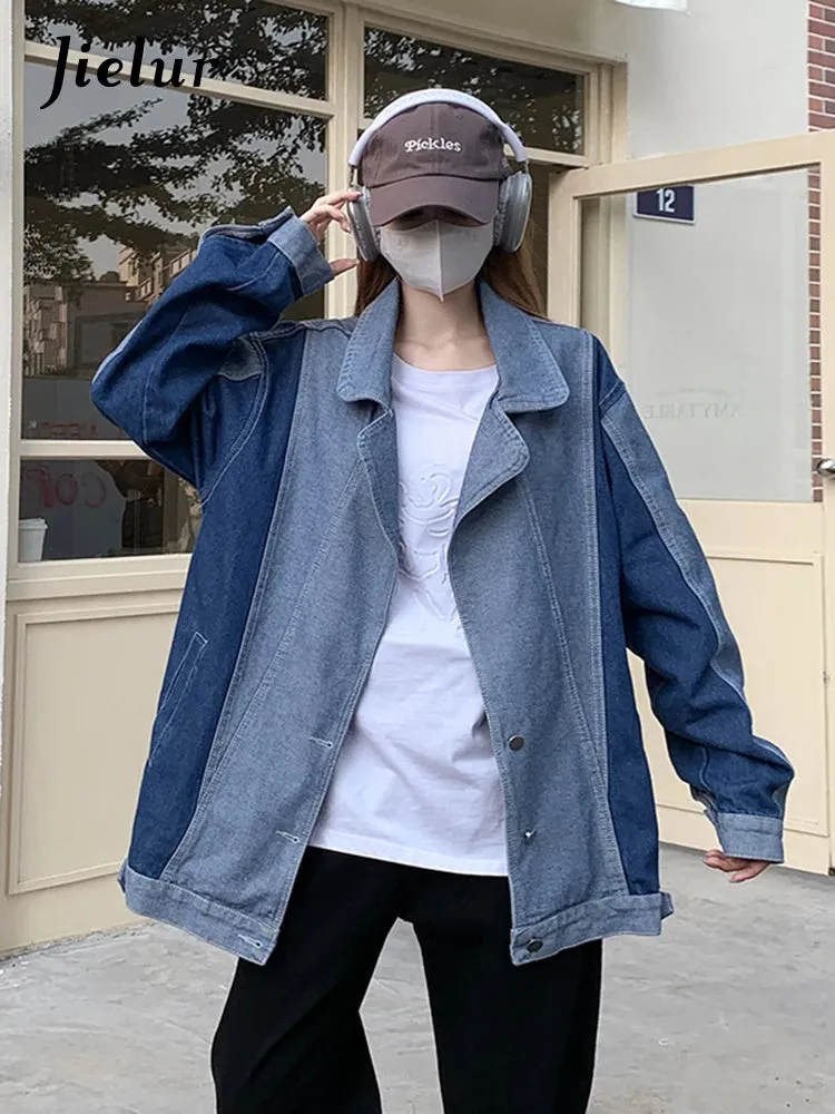 Suit Collar Denim Coat Women Autumn Winter Korean New Fashion Loose Casual Spell Color Blue Denim Jacket Female S-XL