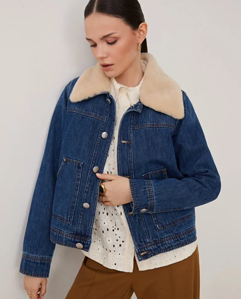 Suncoo Eleonor Blue Denim Jacket With Furry Collar