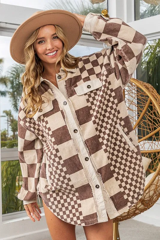 TEEK - Mocha Checkered Button Down Corduroy Shacket