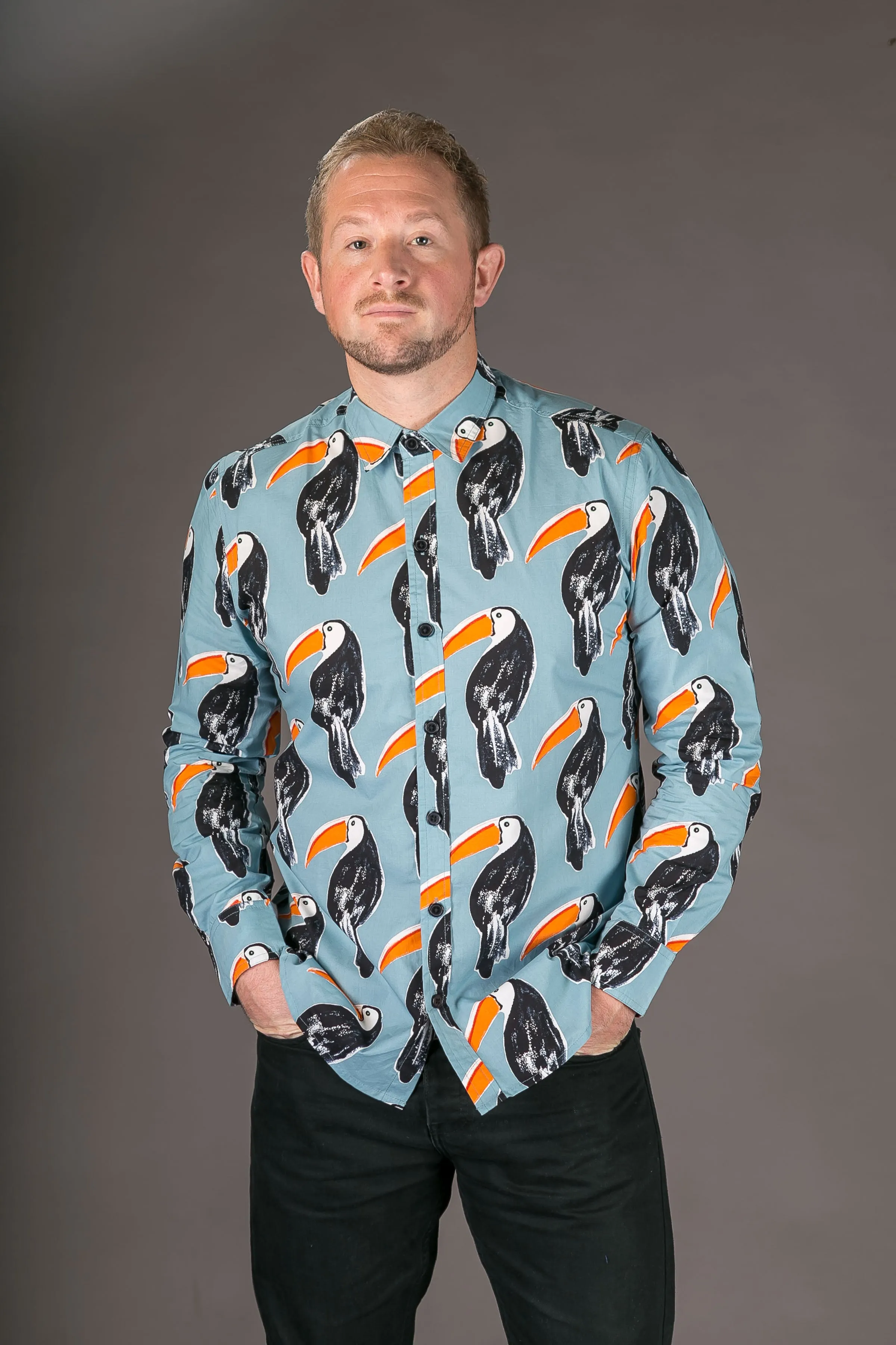 Toucan Bird Blue Print Cotton Slim Fit Mens Shirt Long Sleeve