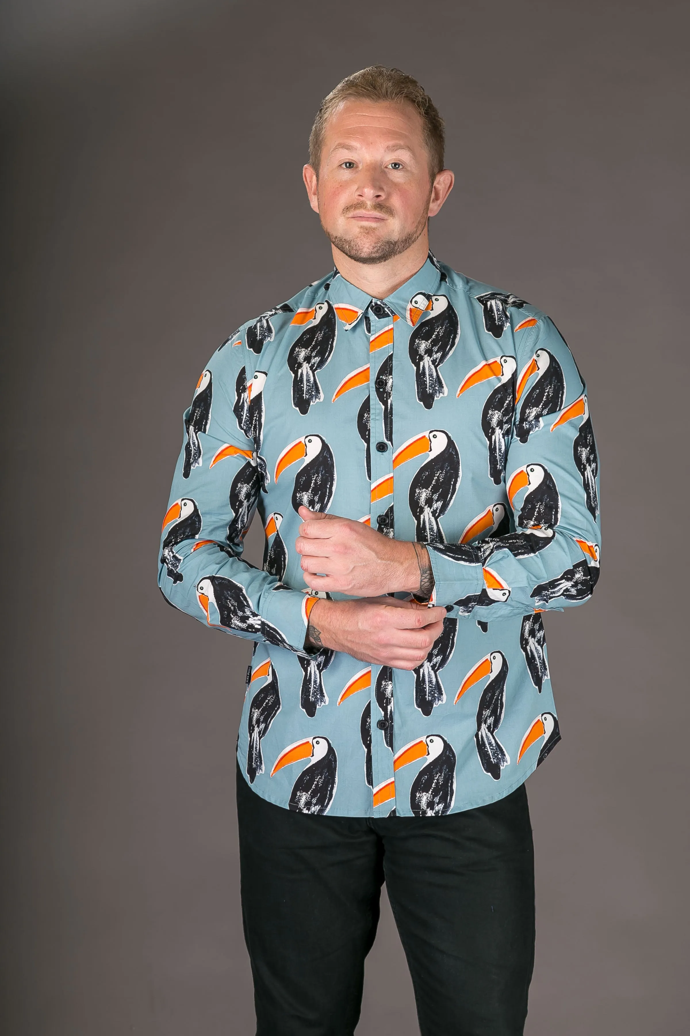 Toucan Bird Blue Print Cotton Slim Fit Mens Shirt Long Sleeve