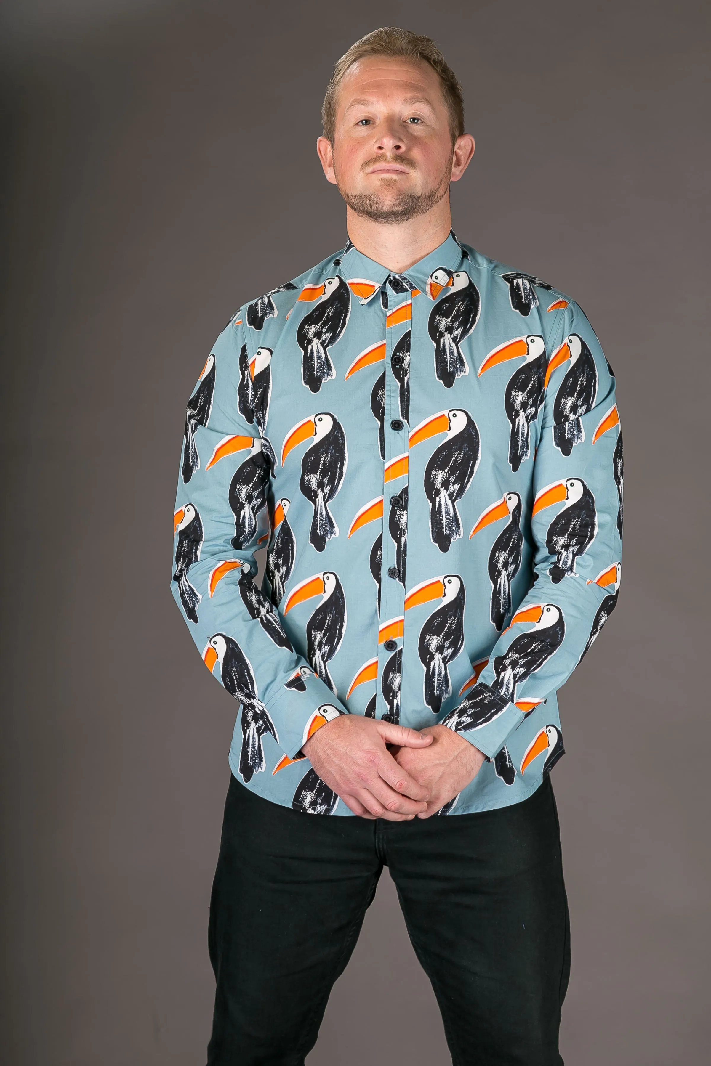 Toucan Bird Blue Print Cotton Slim Fit Mens Shirt Long Sleeve