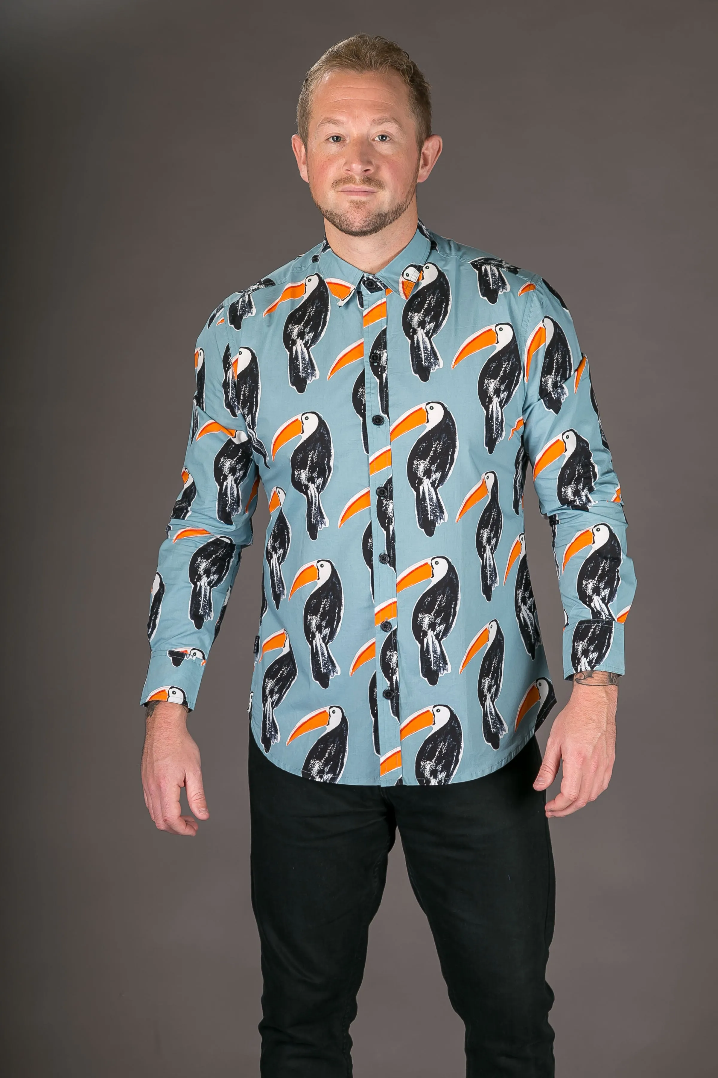 Toucan Bird Blue Print Cotton Slim Fit Mens Shirt Long Sleeve