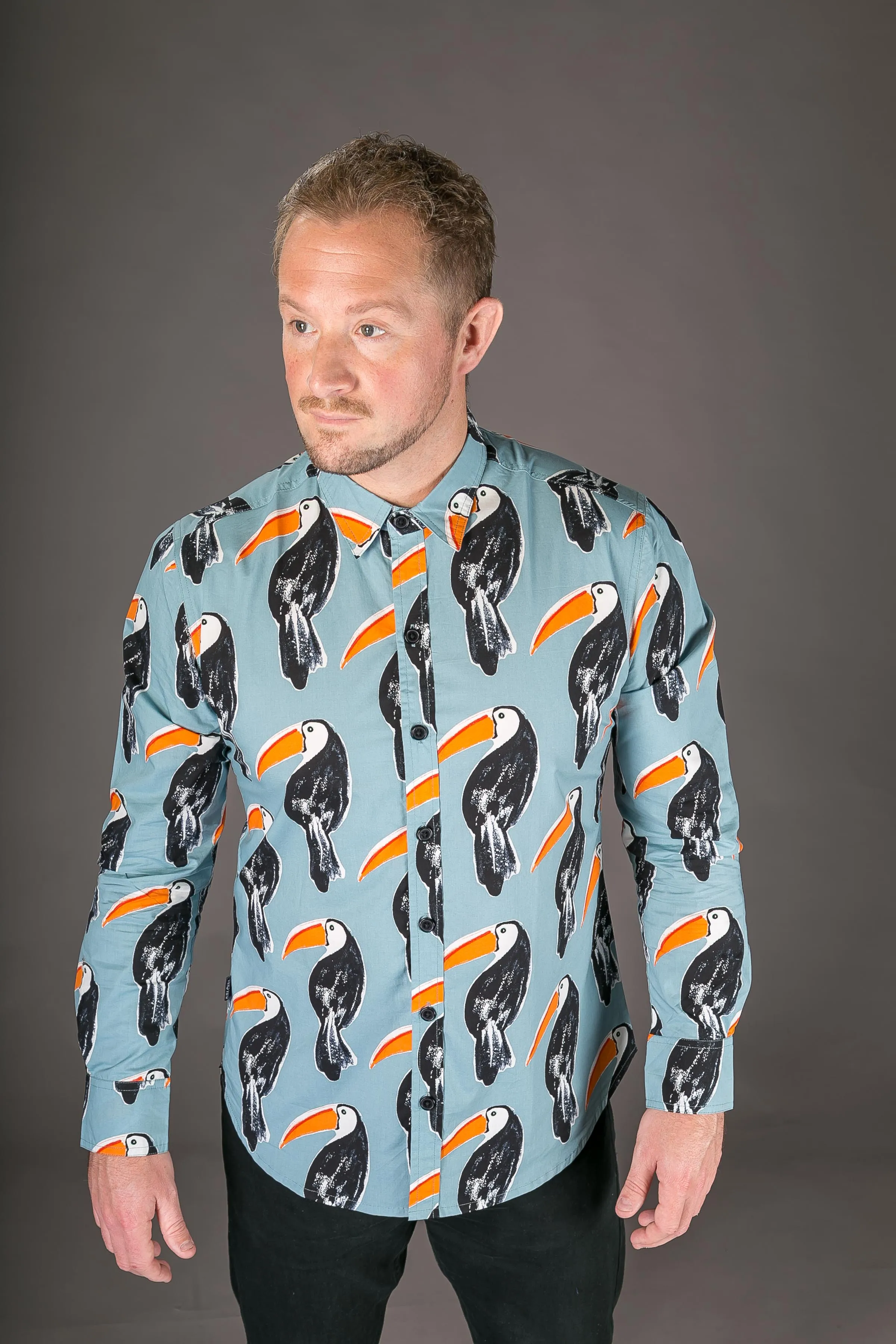 Toucan Bird Blue Print Cotton Slim Fit Mens Shirt Long Sleeve