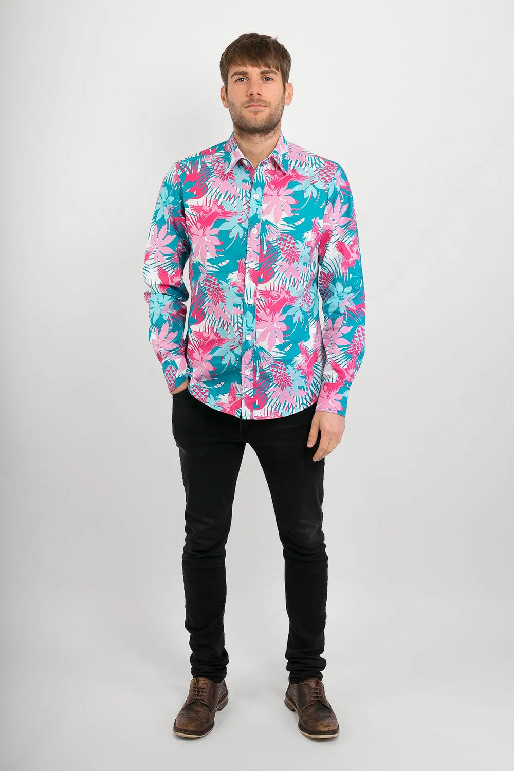 Tropical Bird Print Cotton Slim Fit Mens Shirt Long Sleeve