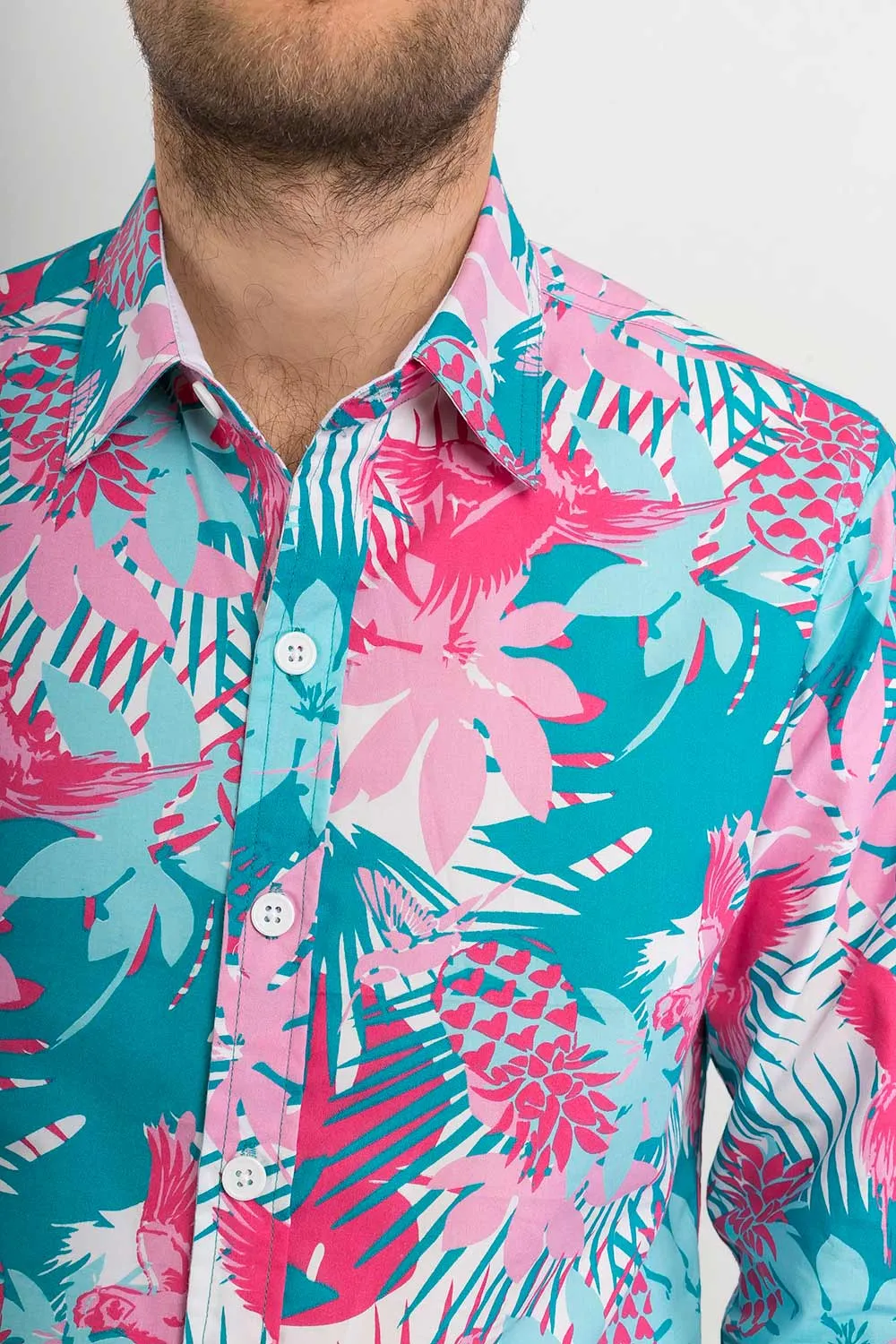 Tropical Bird Print Cotton Slim Fit Mens Shirt Long Sleeve